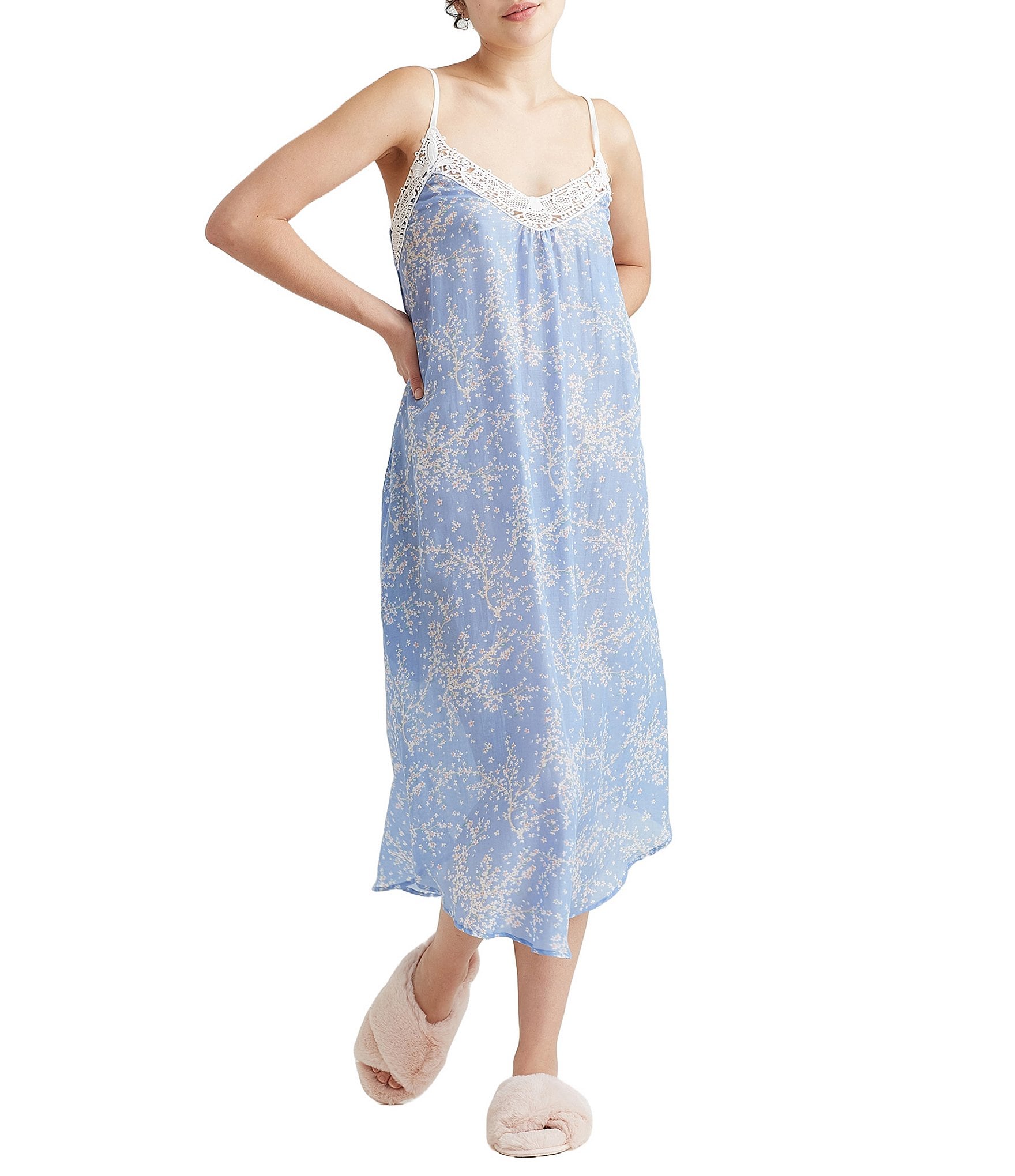 Papinelle Cherry Blossom Lightweight Lace Front Sleeveless Maxi Nightgown