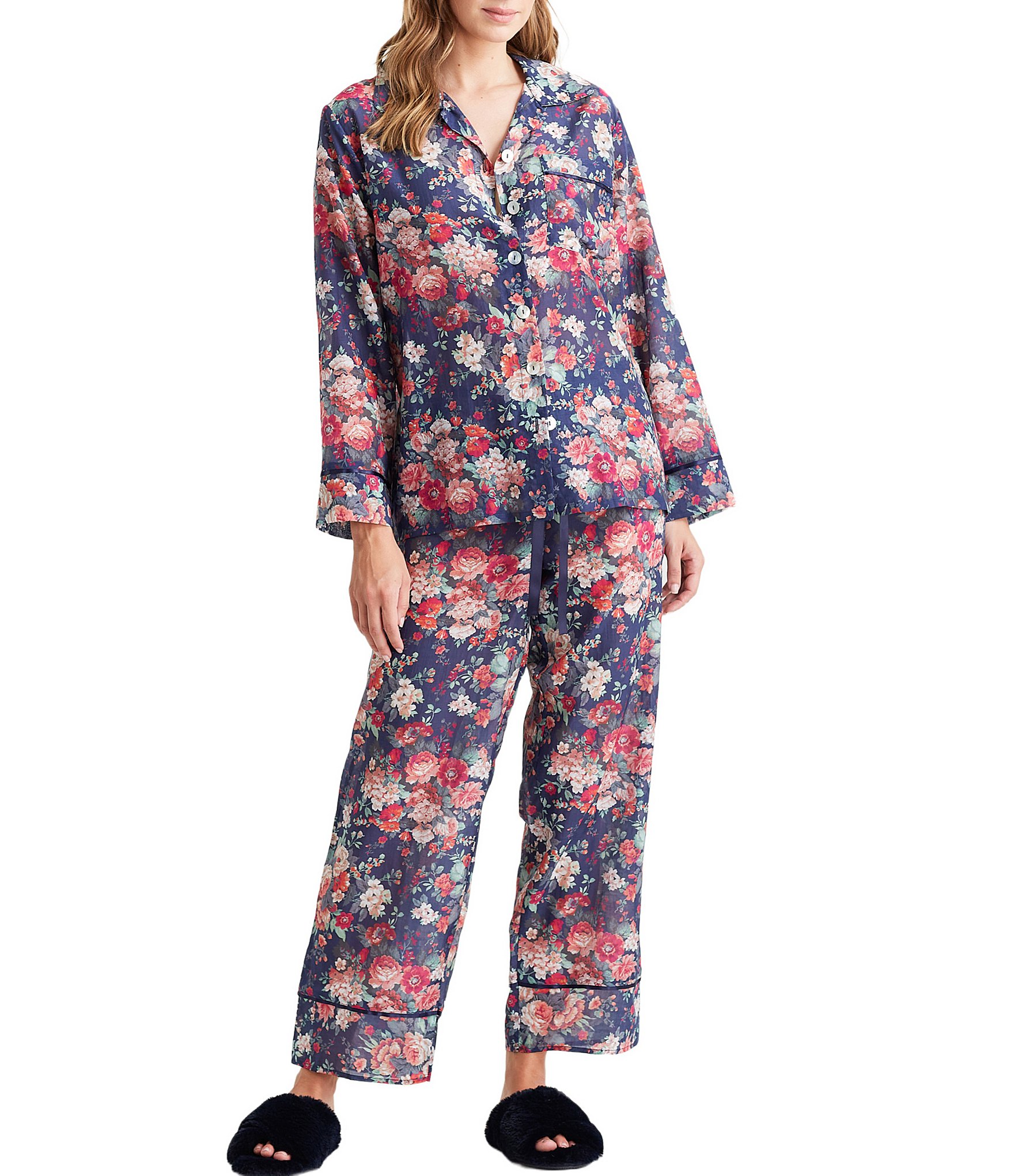 Papinelle Grace Woven Floral Print Long Sleeve Notch Collar Pajama Set ...