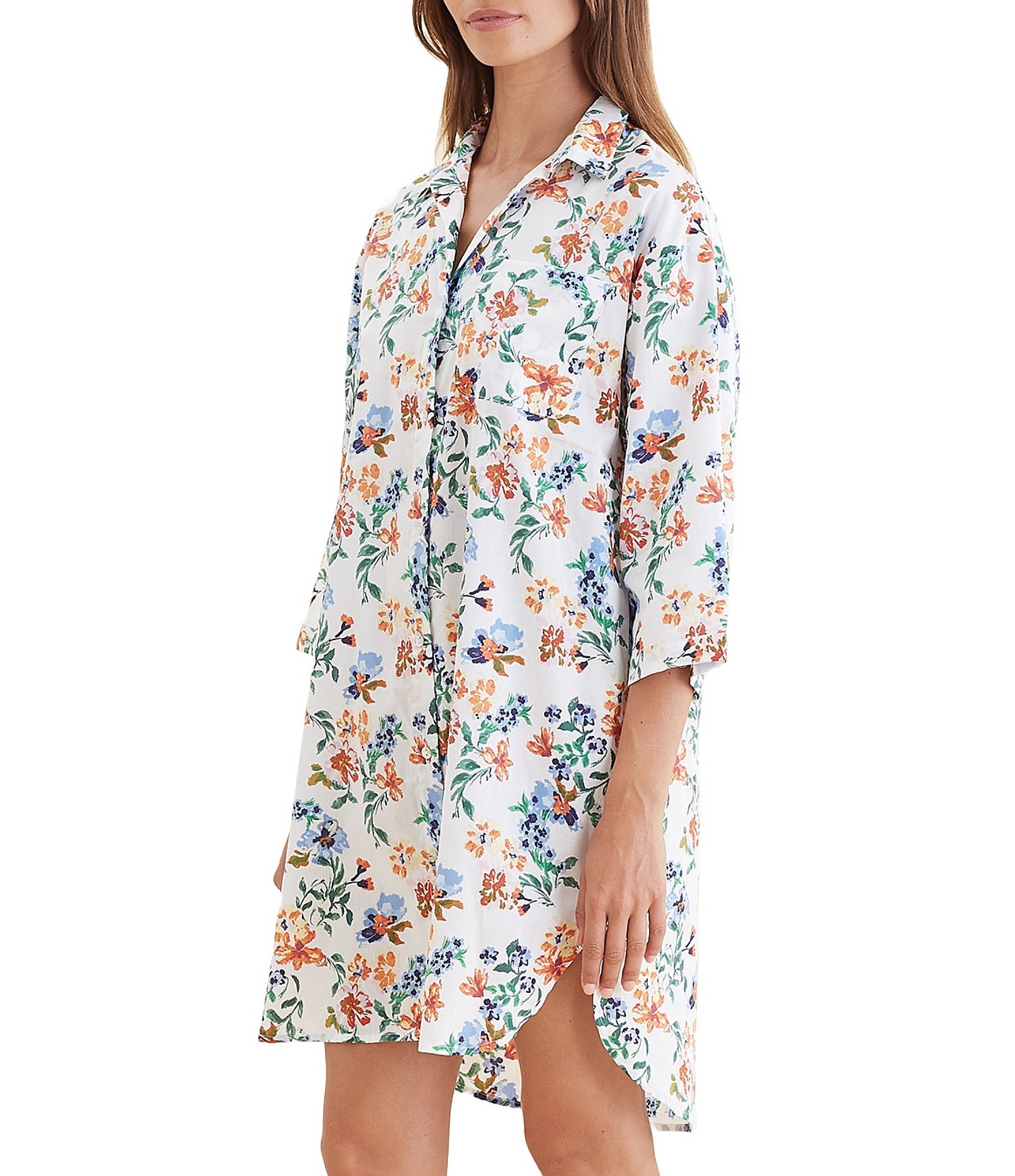 Papinelle Harper Sateen Floral 3/4 Sleeve Notch Collar Button-Front Sleepshirt