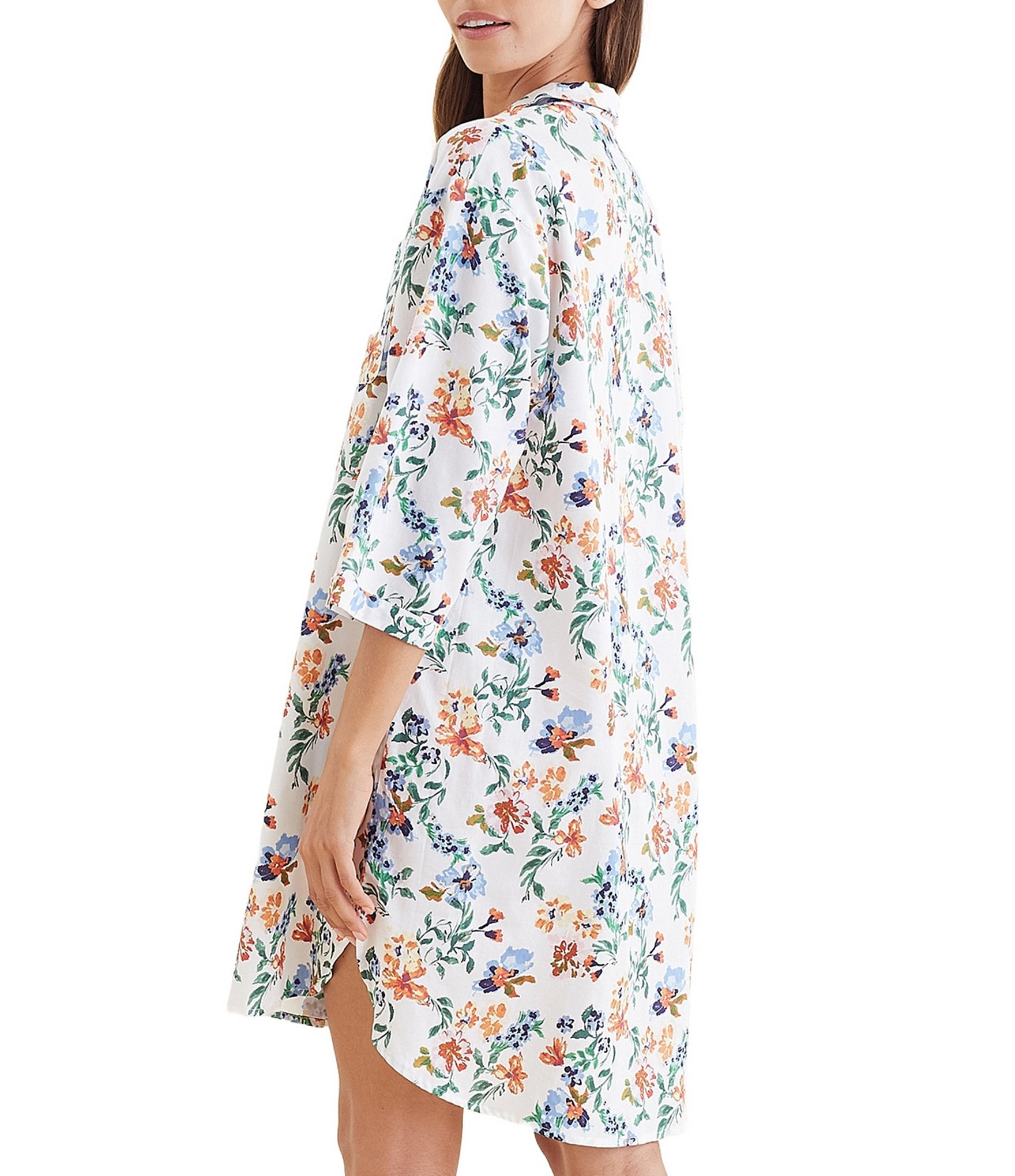 Papinelle Harper Sateen Floral 3/4 Sleeve Notch Collar Button-Front Sleepshirt