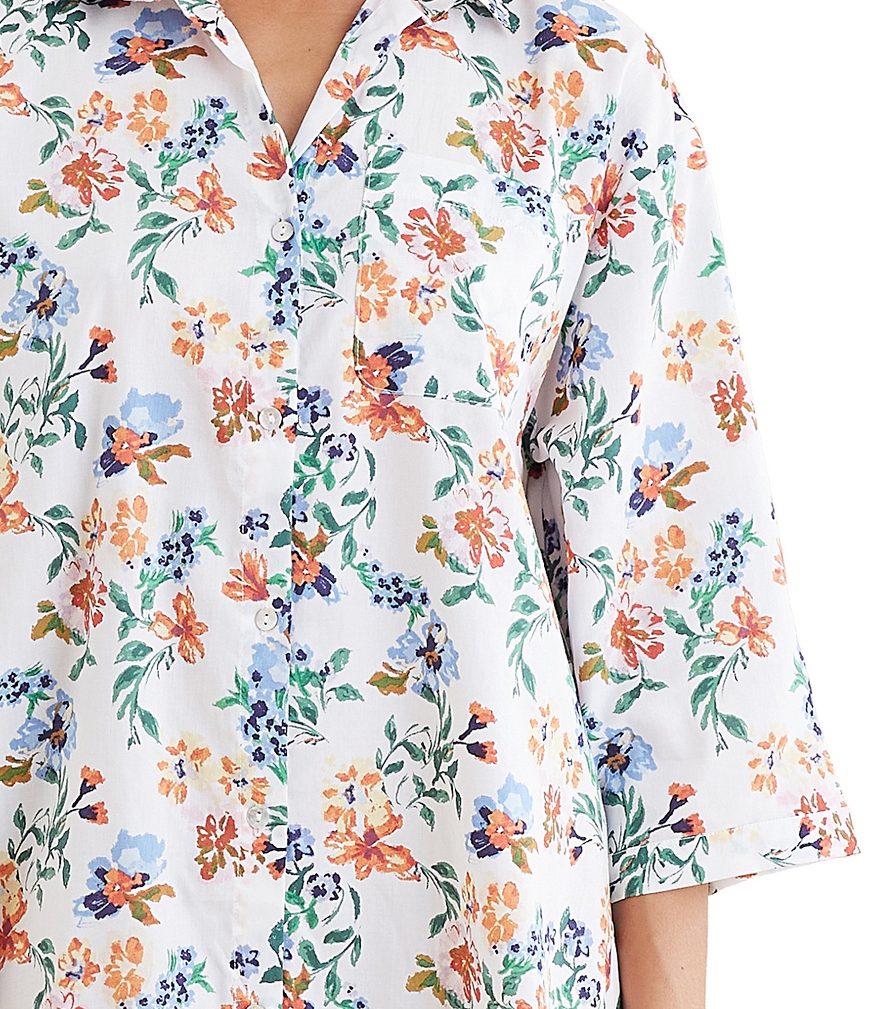 Papinelle Harper Sateen Floral 3/4 Sleeve Notch Collar Button-Front Sleepshirt