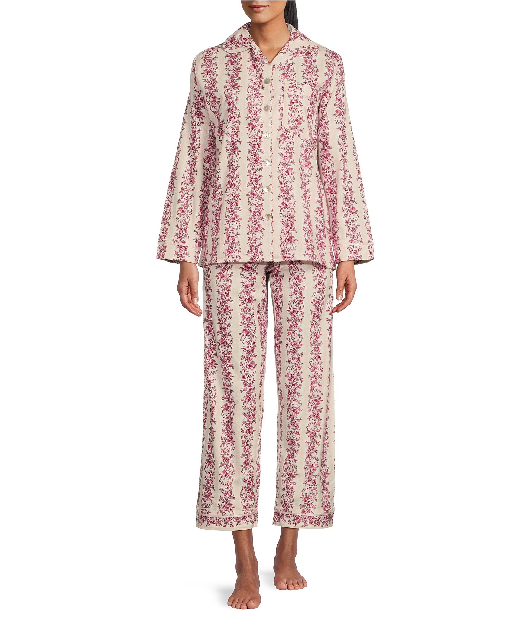Papinelle Helena Cozy Floral Striped Chest Pocket Notch Collar Long Sleeve  Full-Length Pajama Set