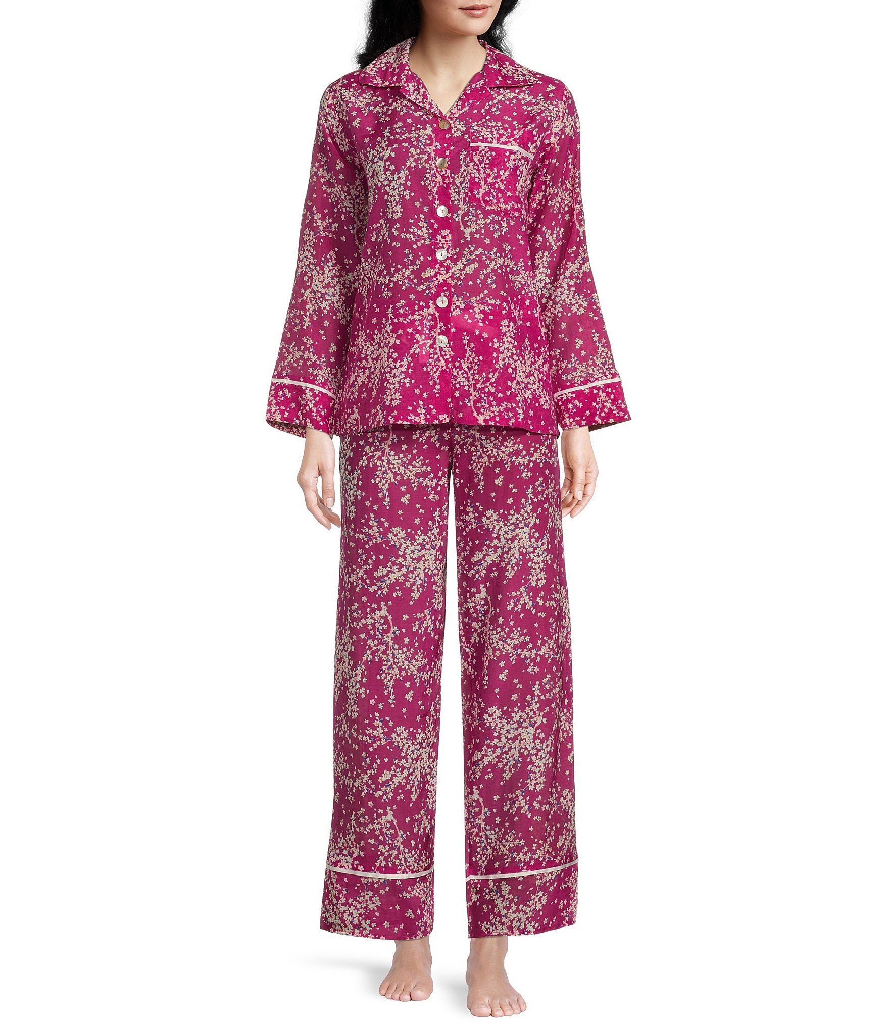 Papinelle Printed Long Sleeve Notch Collar Brushed Cotton Pajama Set ...