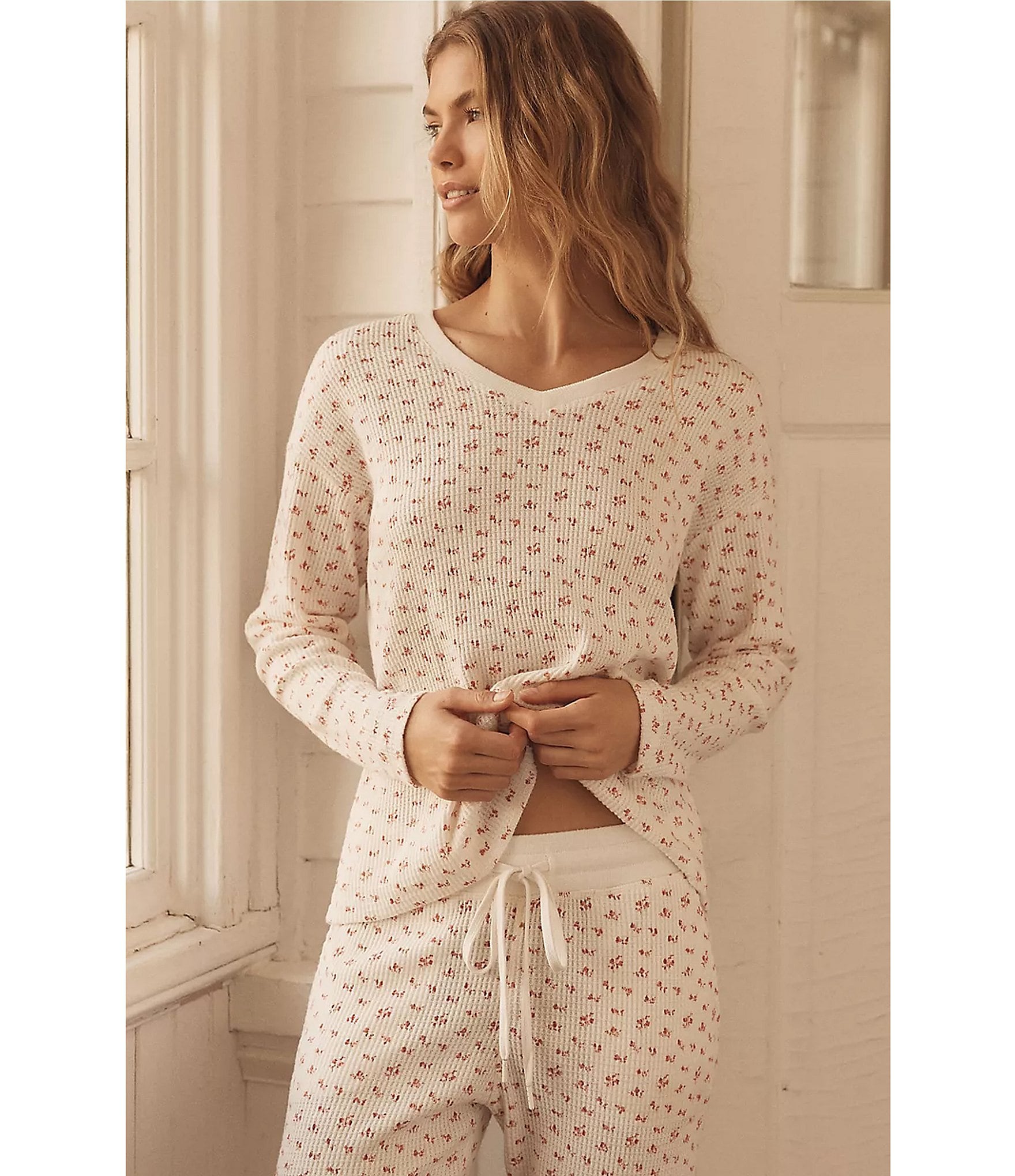 Papinelle Rosette Ditsy Print Long Sleeve V-Neck Knit Pajama Set