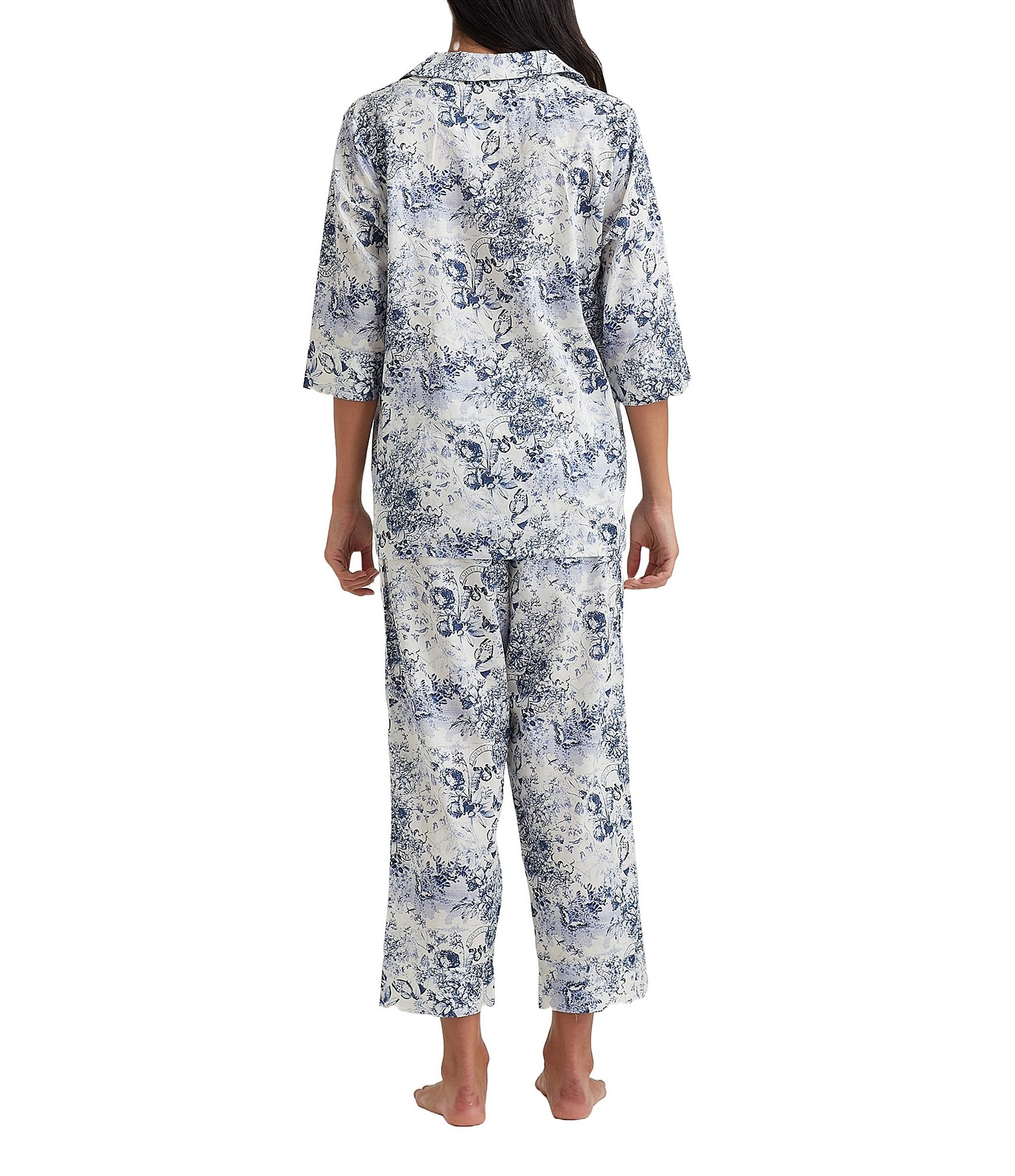 Papinelle Short Sleeve Notch Collar Woven Floral Toile Cropped Pajama Set