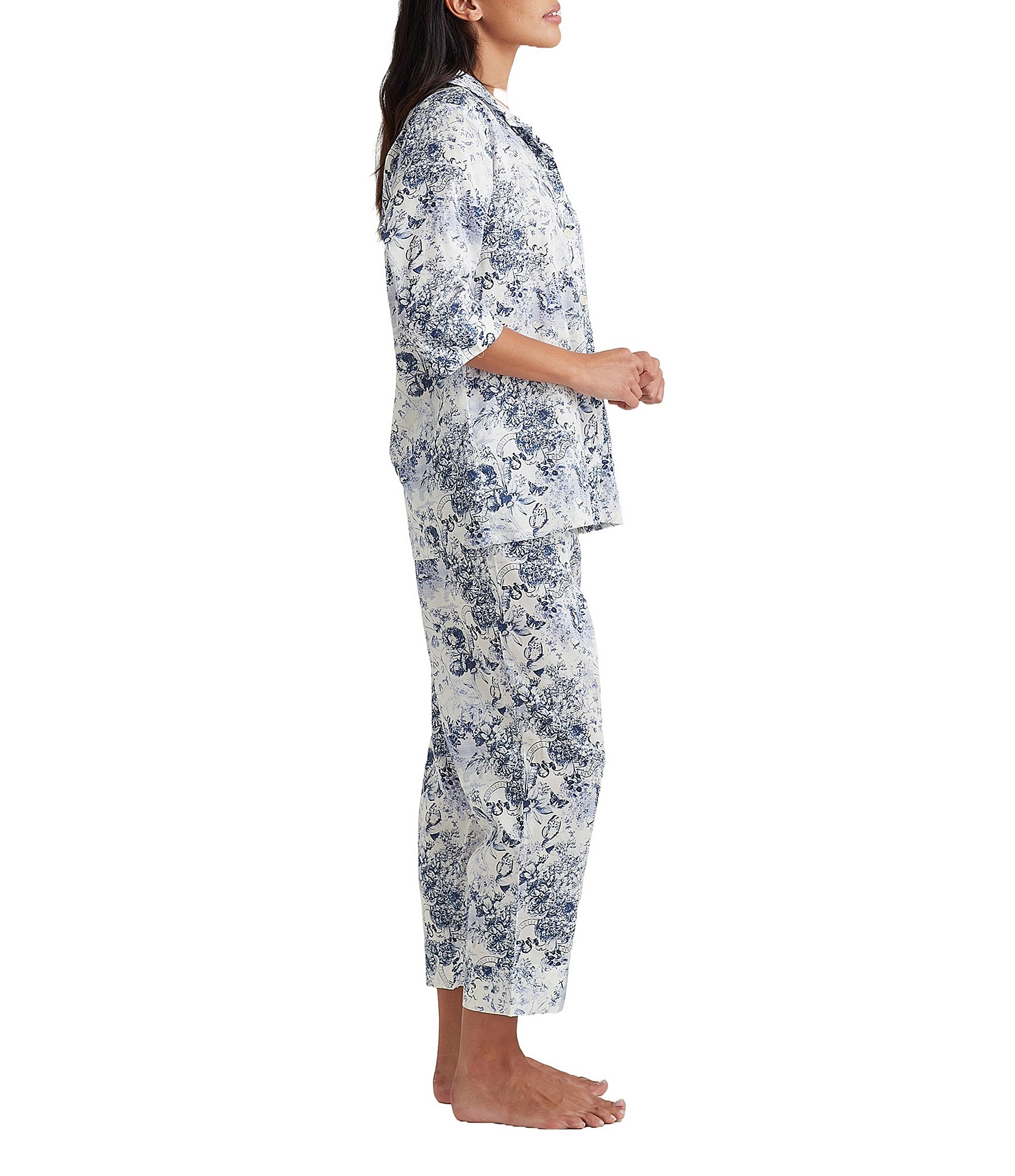 Papinelle Short Sleeve Notch Collar Woven Floral Toile Cropped Pajama Set