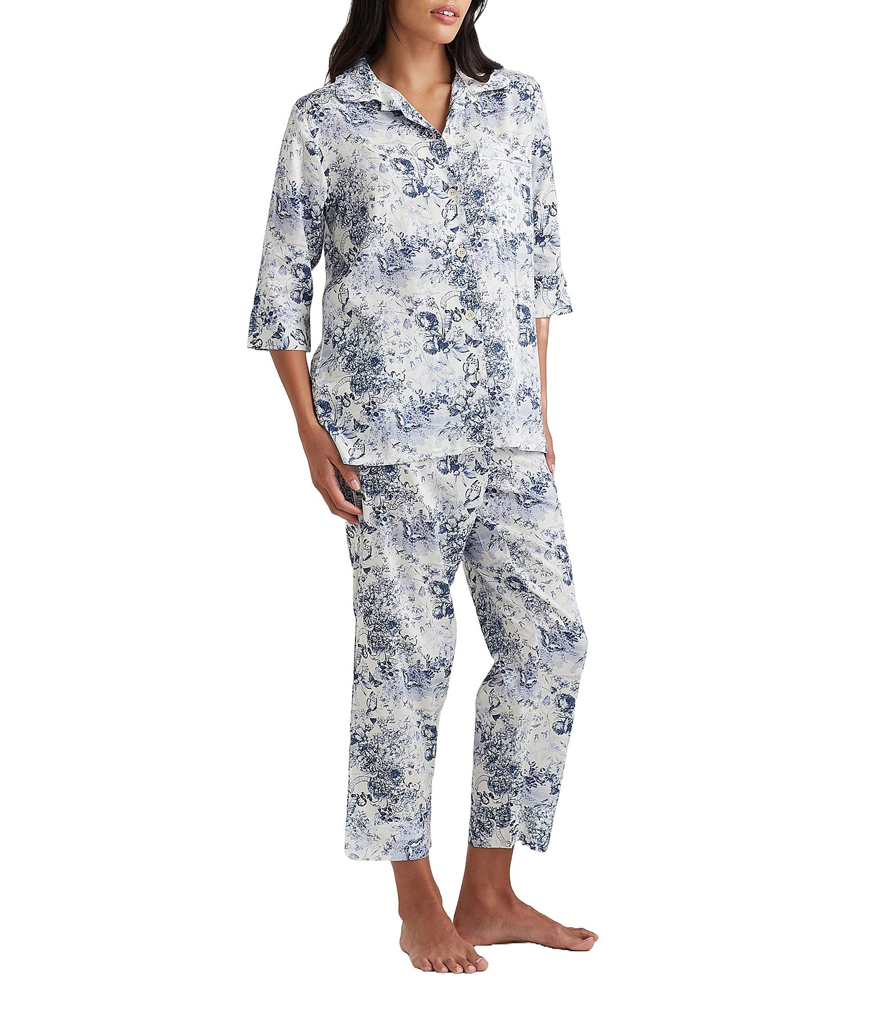 Papinelle Short Sleeve Notch Collar Woven Floral Toile Cropped Pajama Set