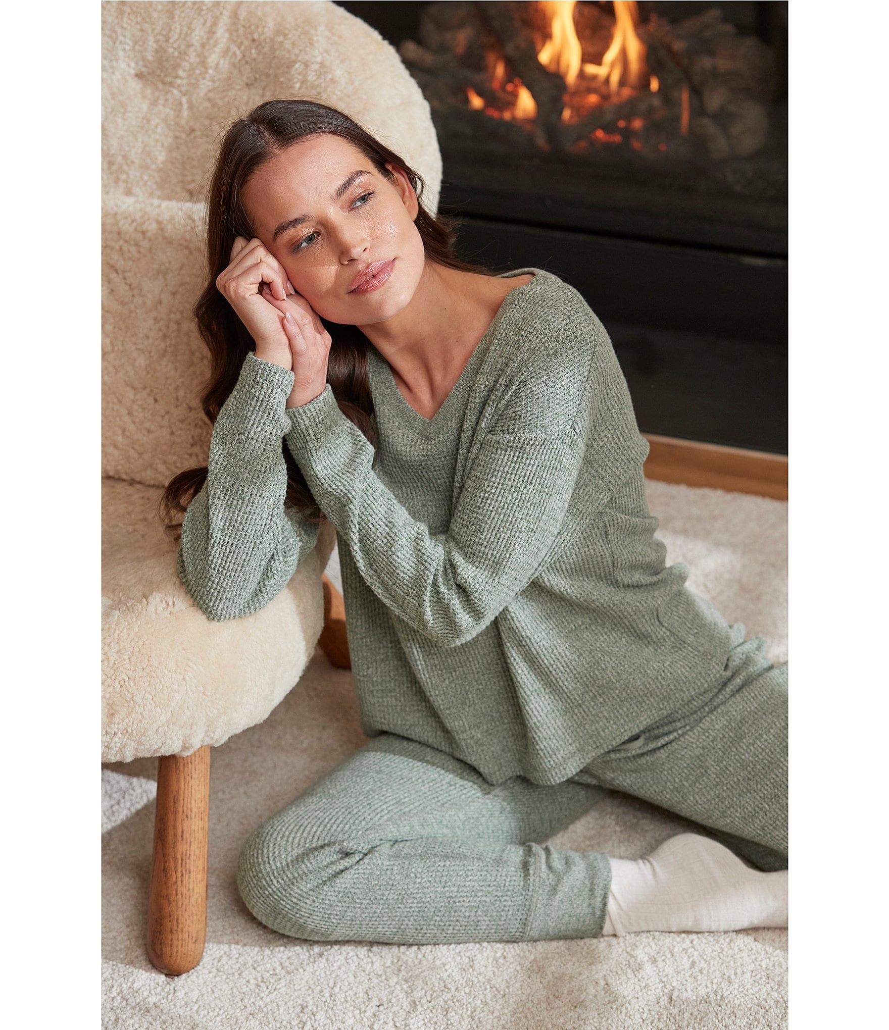 Papinelle Waffle Textured Long Sleeve V-Neck Knit Lounge Set