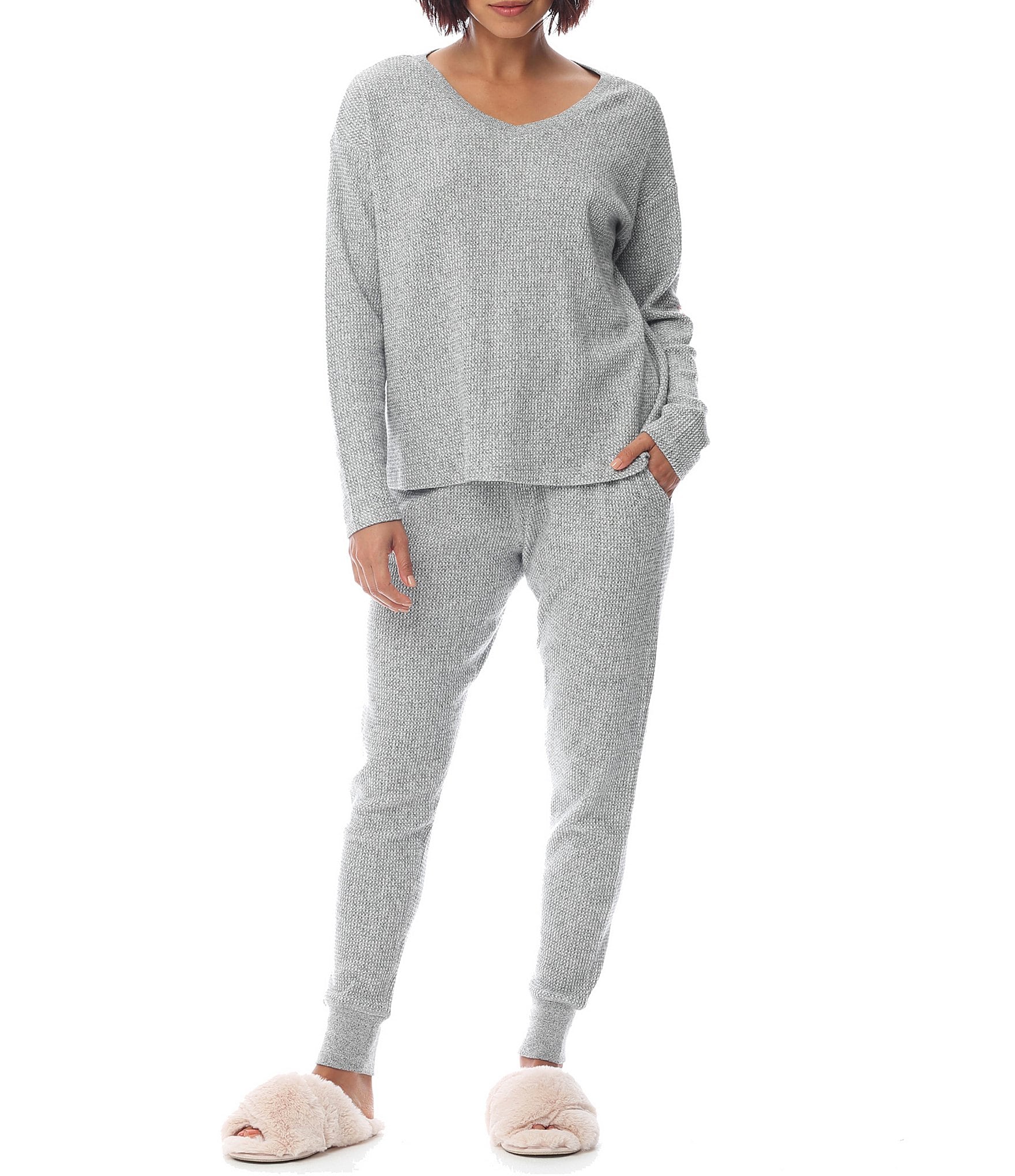 Papinelle Waffle Textured Long Sleeve V-Neck Knit Lounge Set