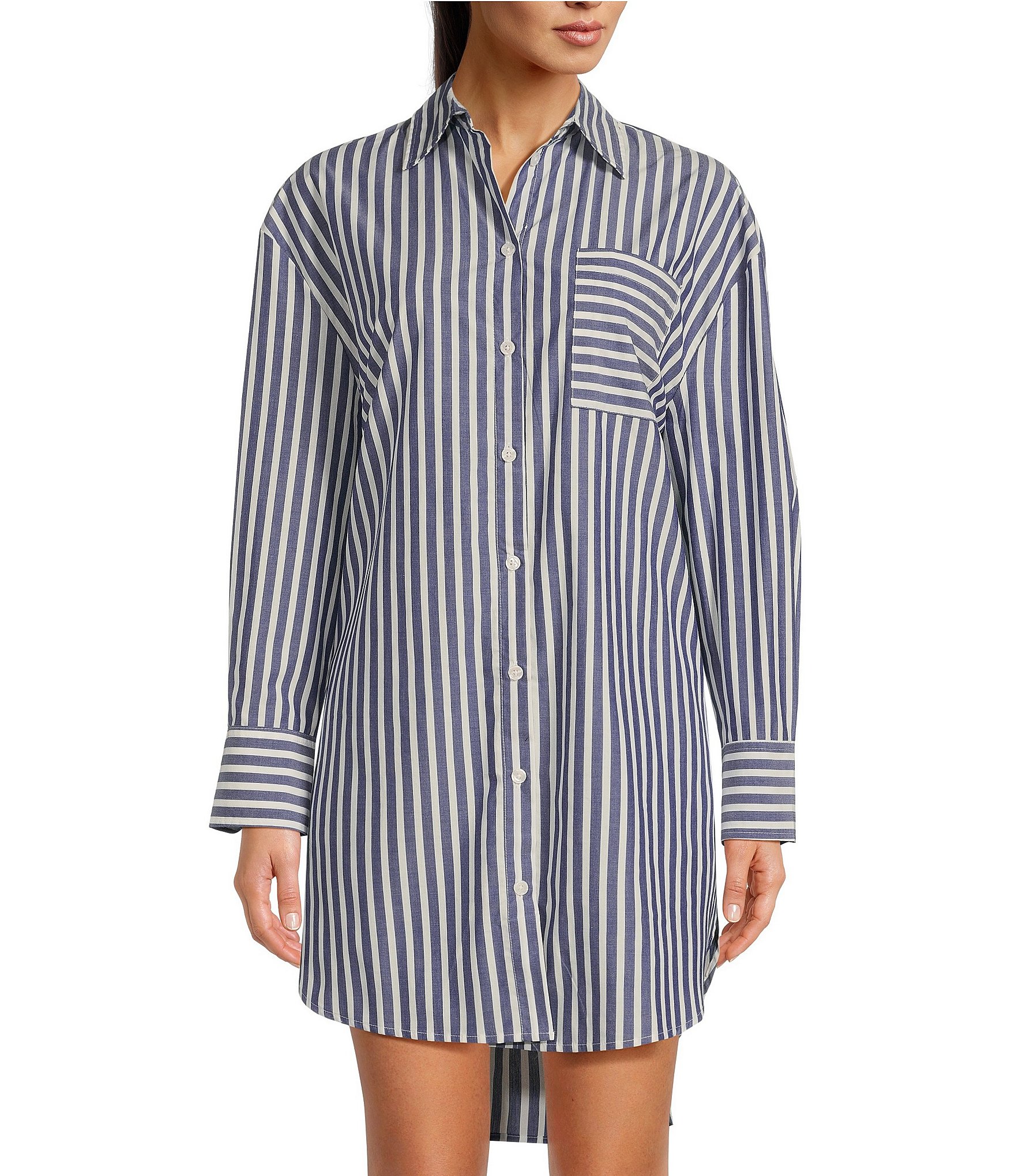 Papinelle Woven Striped Print Long Sleeve Notch Collar Button Front ...