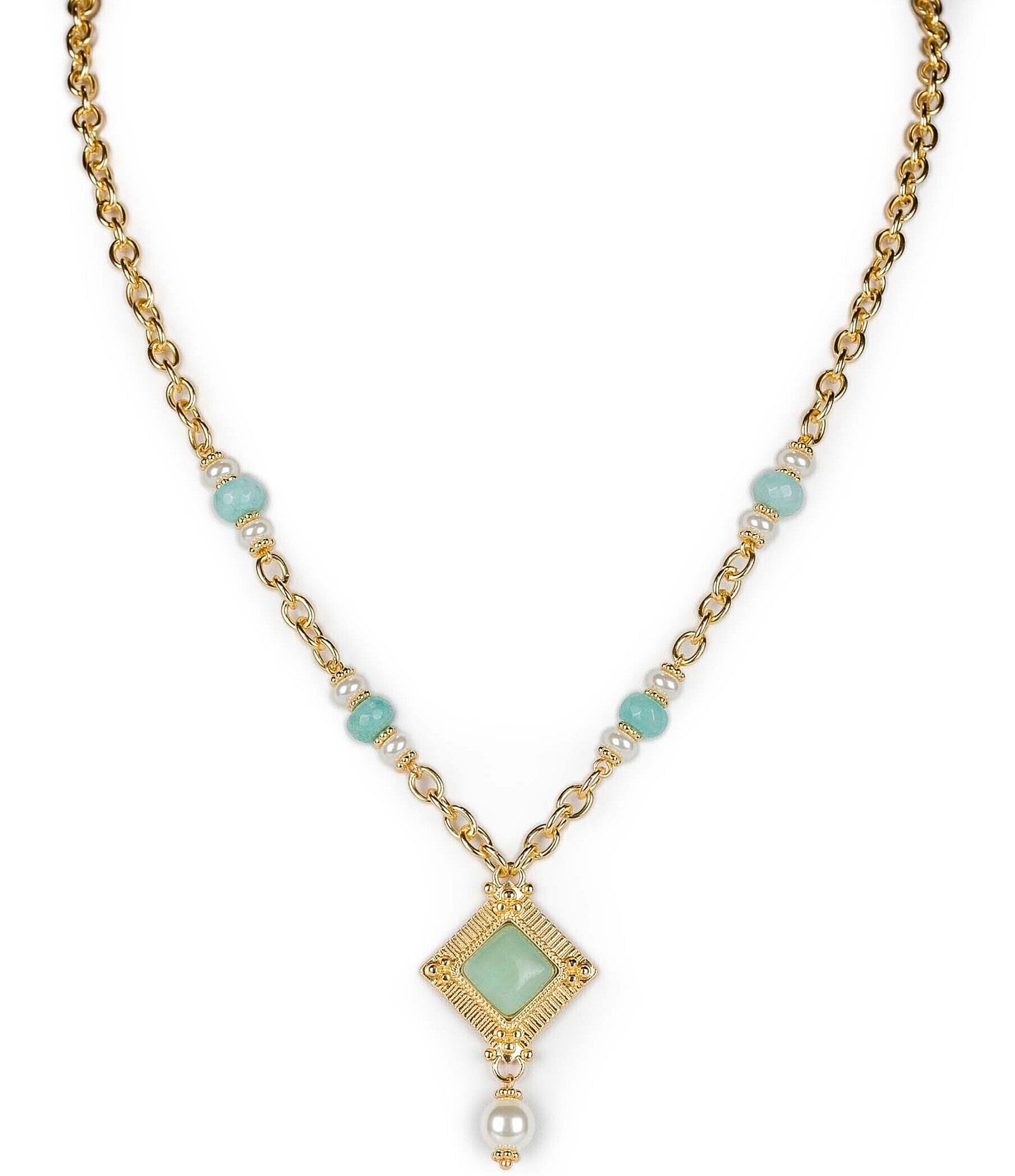 Patricia Nash Amazonite Square and Pearl Short Pendant Necklace