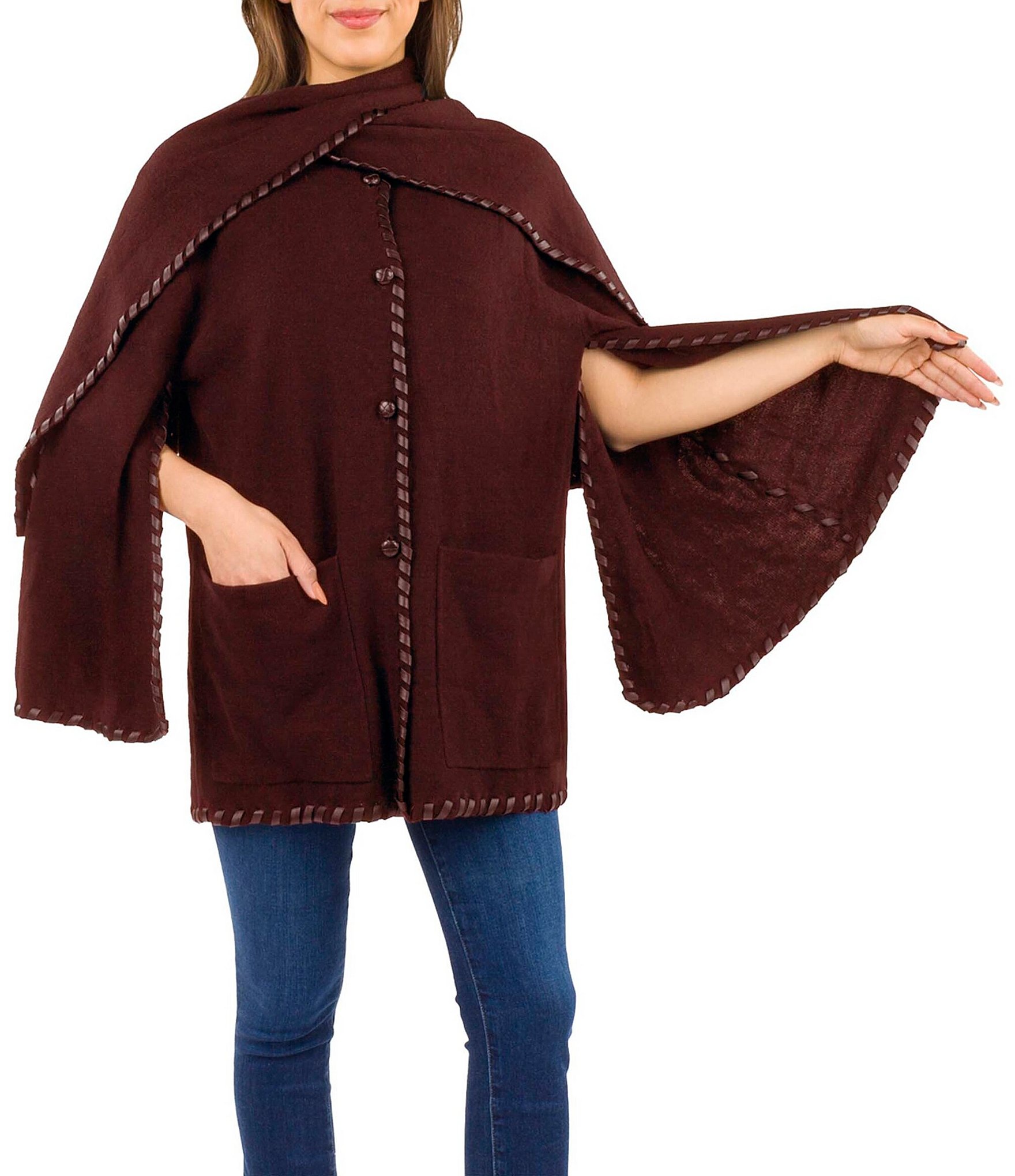 Patricia Nash Batwing Whipstitch Button Front Layered Cape