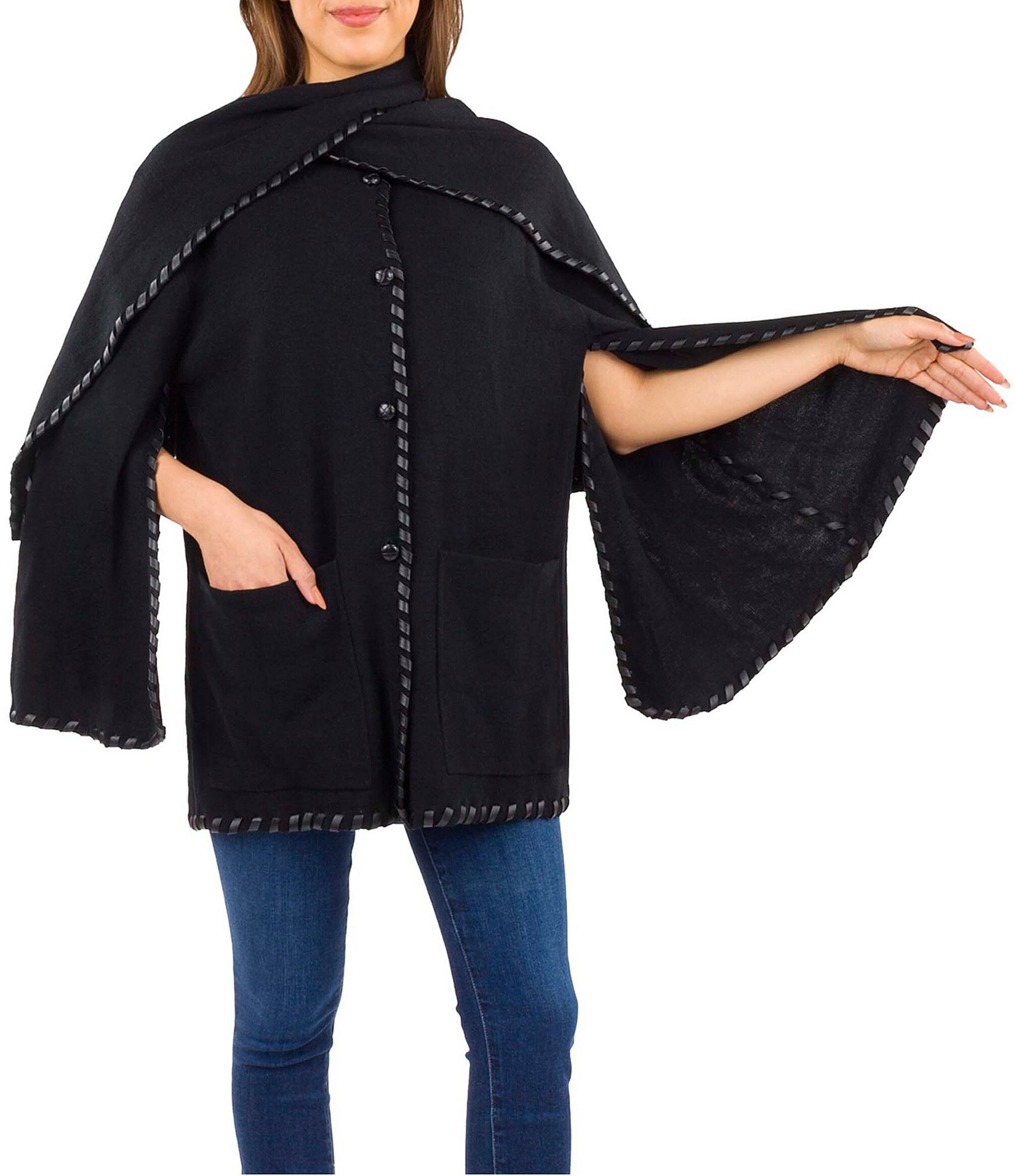 Patricia Nash Batwing Whipstitch Button Front Layered Cape