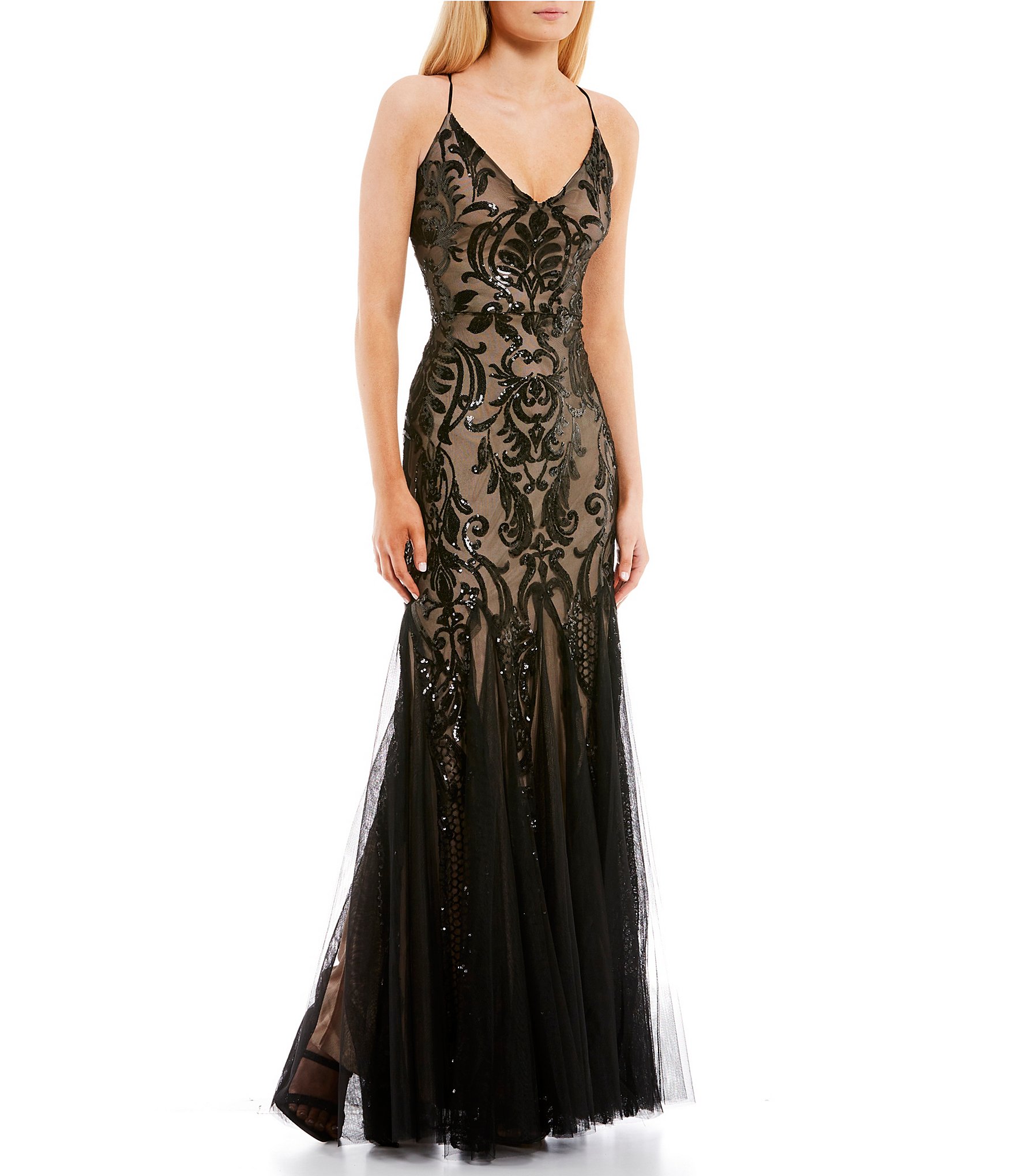 B. Darlin Pattern Sequin V-Neck Lace-Up Back Long Dress | Dillard's