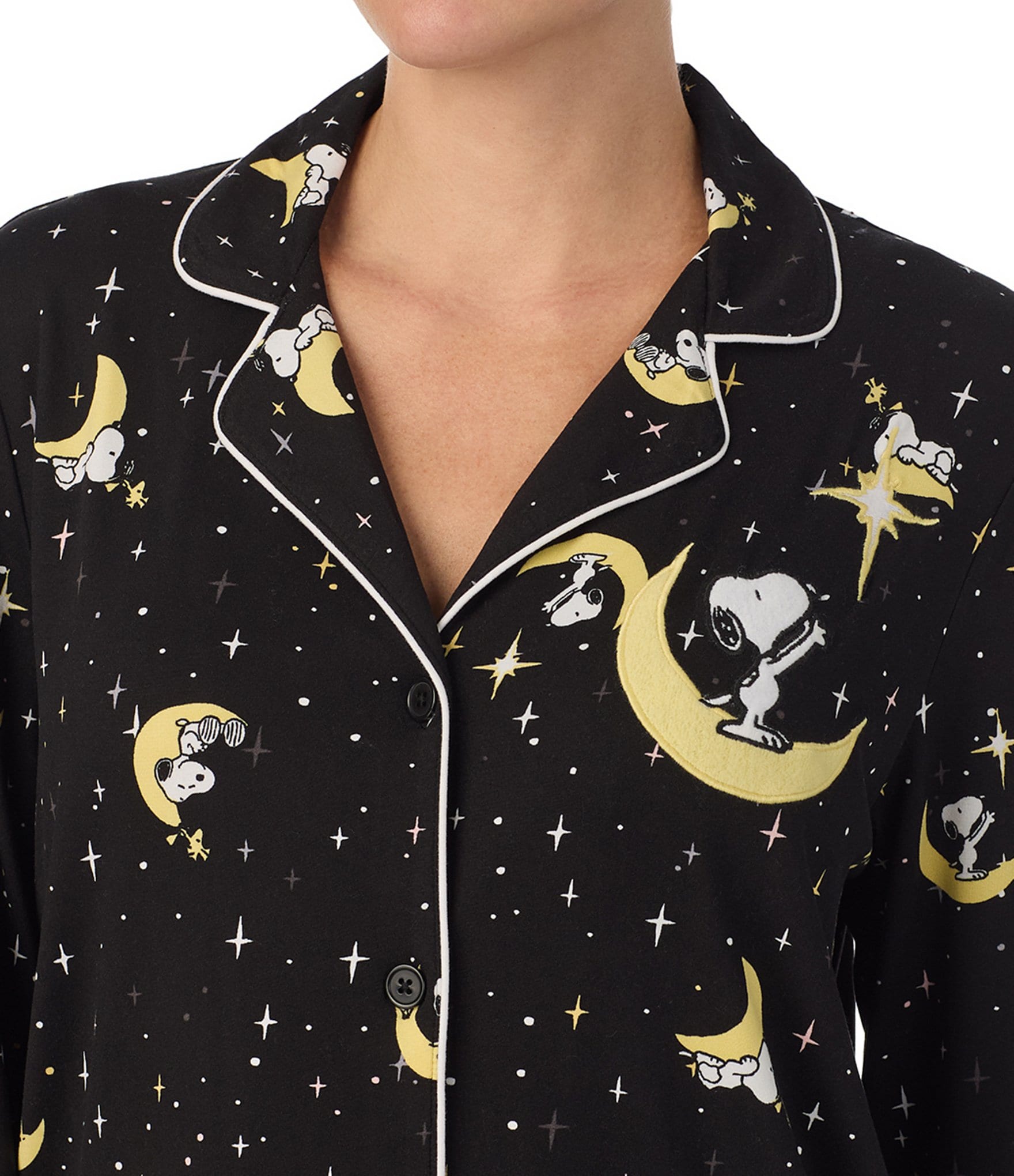 Peanuts Long Sleeve Notch Collar Knit Snoopy & Star Print Pajama Set