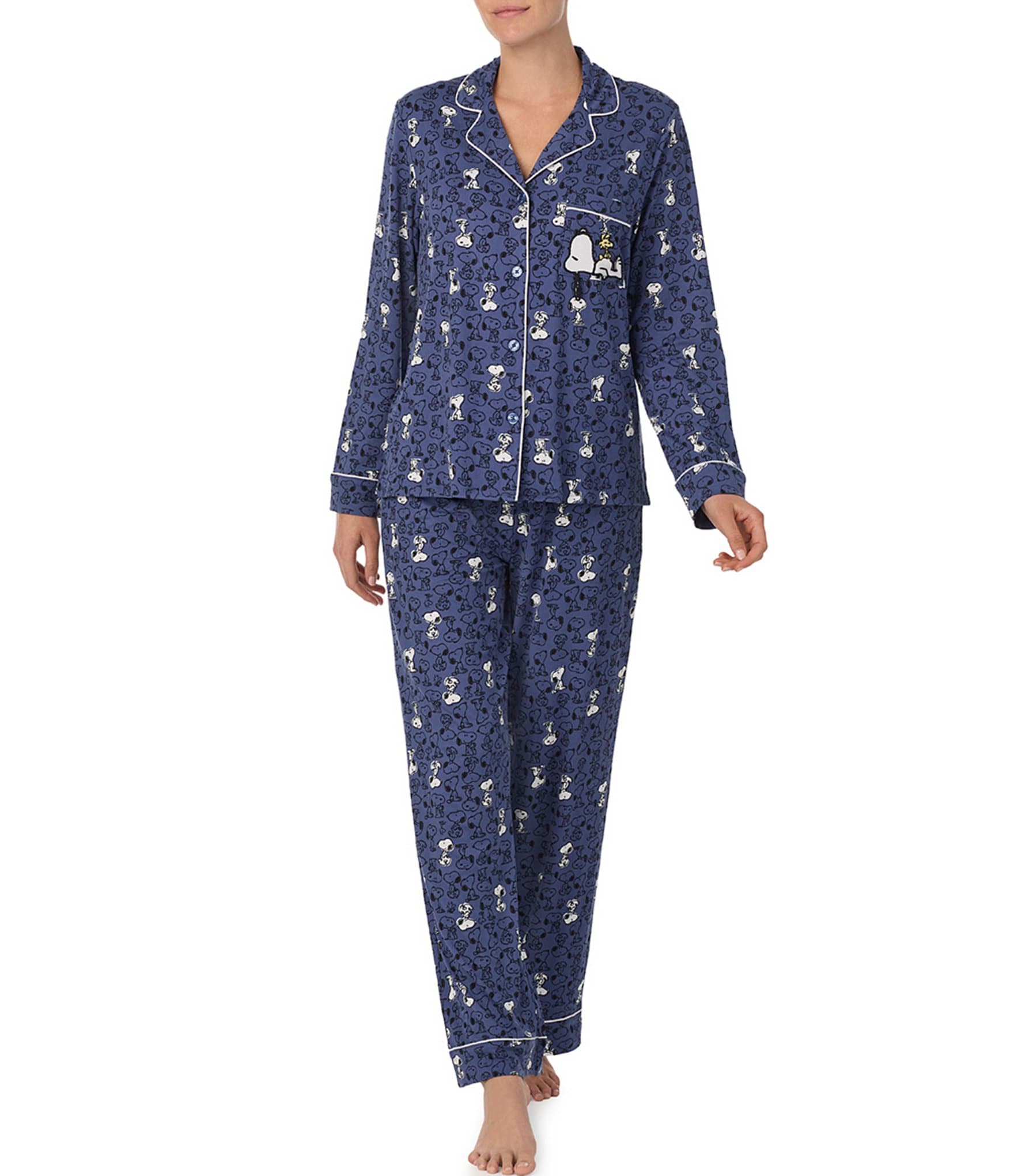 Peanuts Long Sleeve Notch Collar Knit Snoopy Print Pajama Set