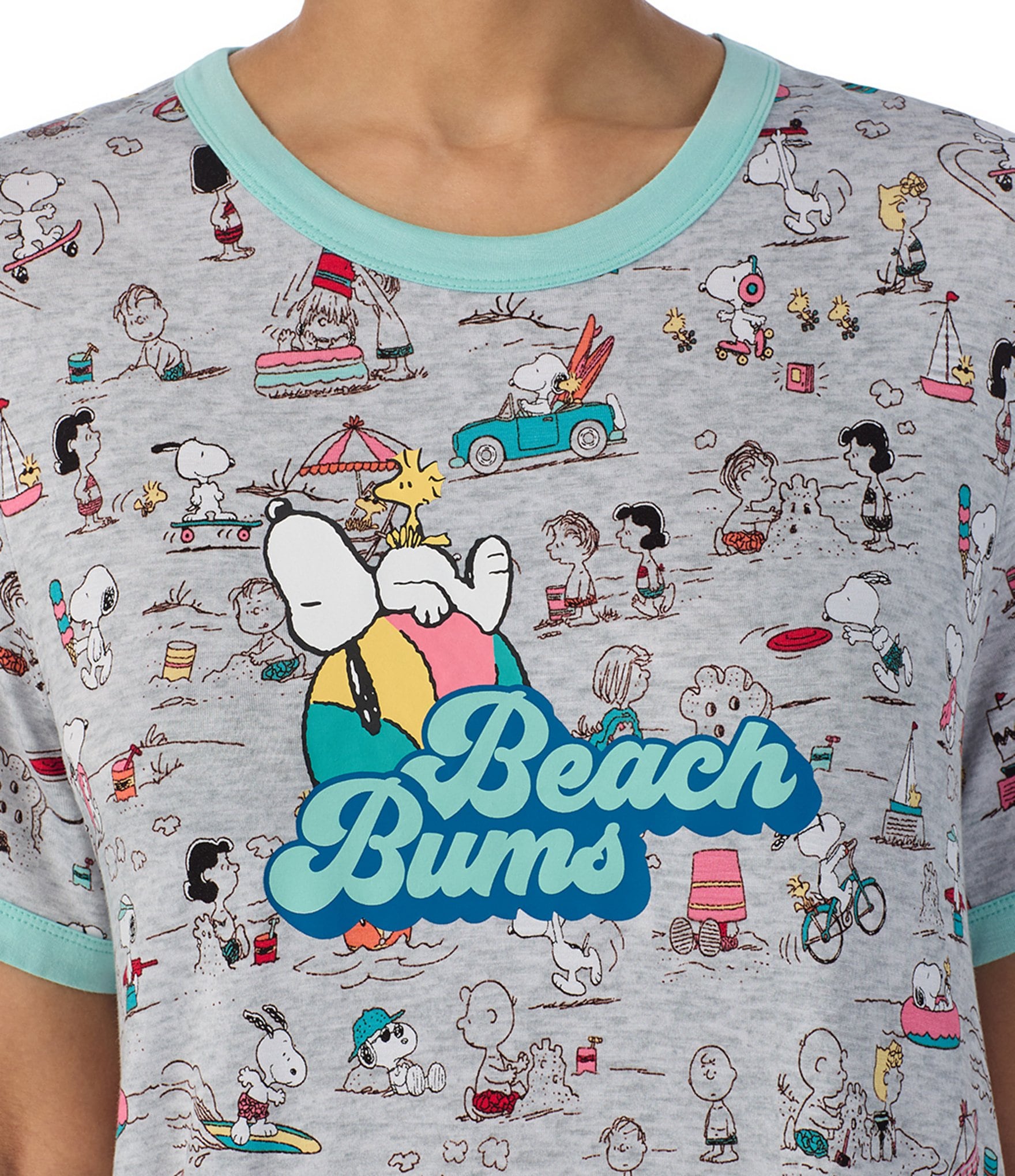 Peanuts Snoopy Printed Short Sleeve Round Neck Beach Print Side Pocket Knit Sleepshirt