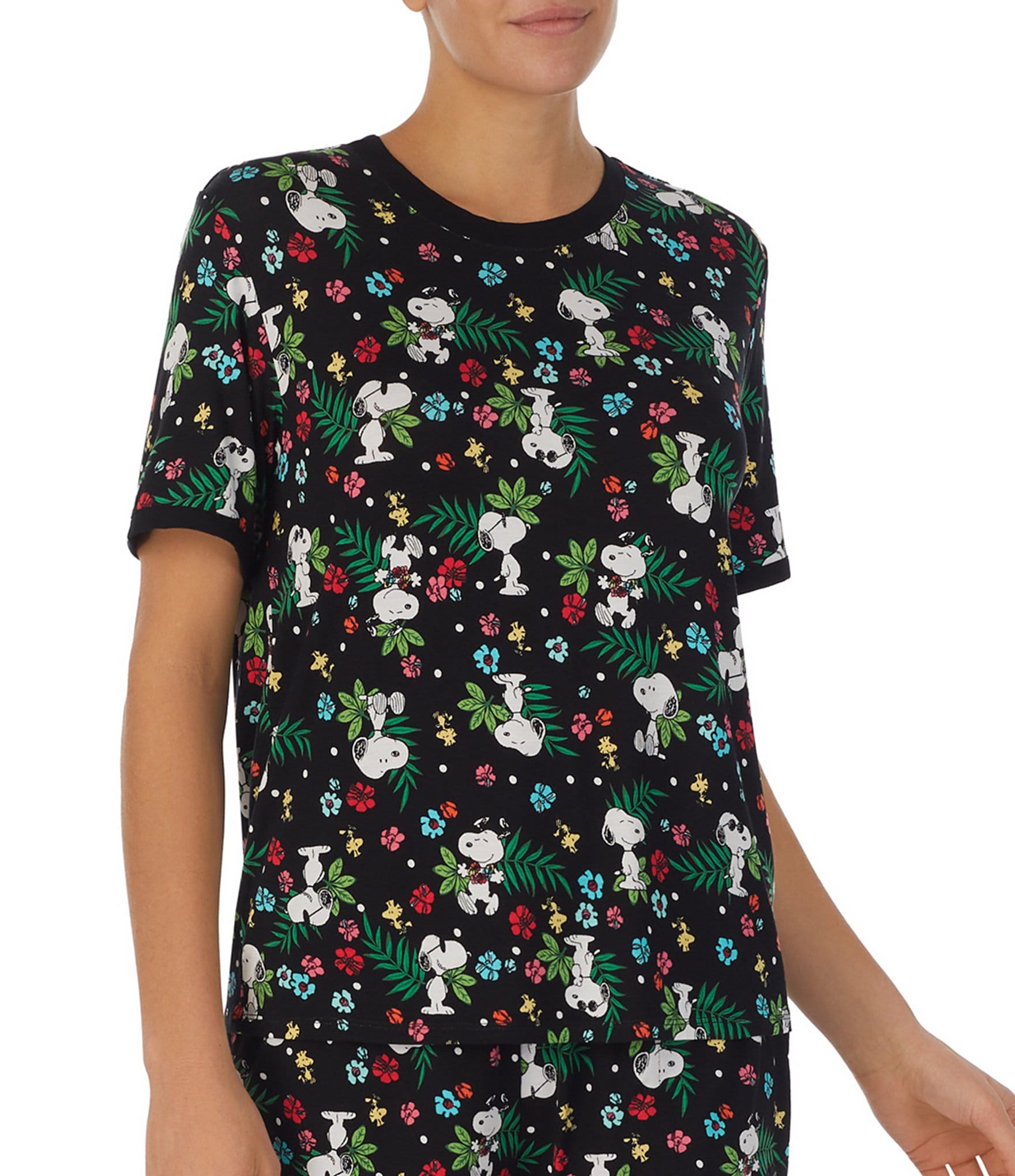 Peanuts Snoopy and Woodstock Toss Print Short Sleeve Round Neck Coordinating Knit Sleep Top