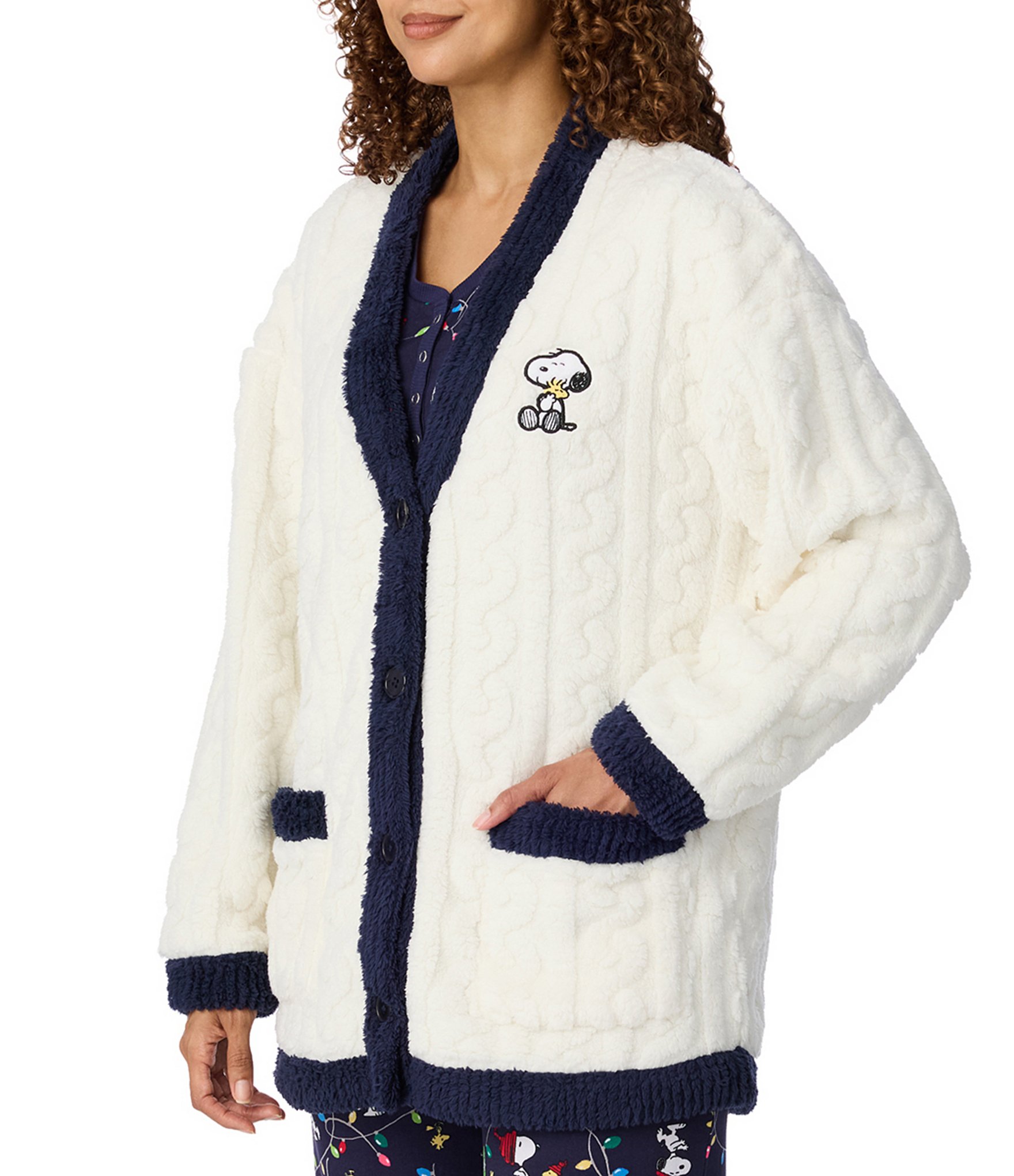 Peanuts Snoopy Applique Long Sleeve V-Neck Chenille Knit Varsity Cardi Jacket