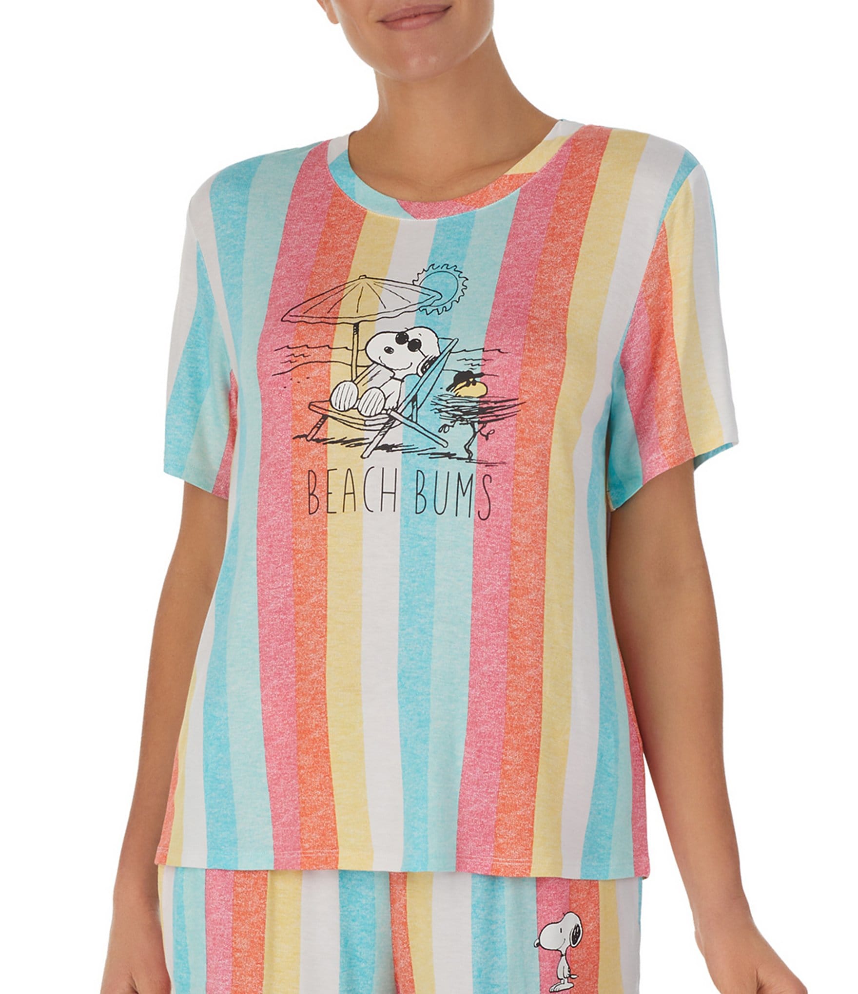 Peanuts Snoopy Stripe Print Short Sleeve Round Neck #double;Beach Bum#double; Coordinating Knit Sleep Top