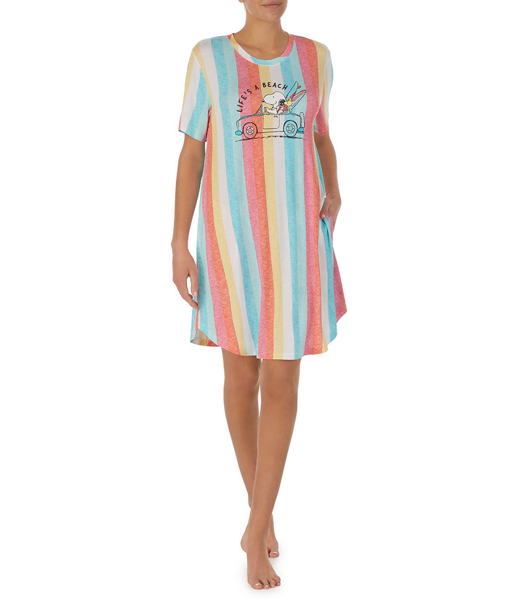 Peanuts Snoopy Striped Print Short Sleeve #double;Life's A Beach#double; Knit Nightshirt