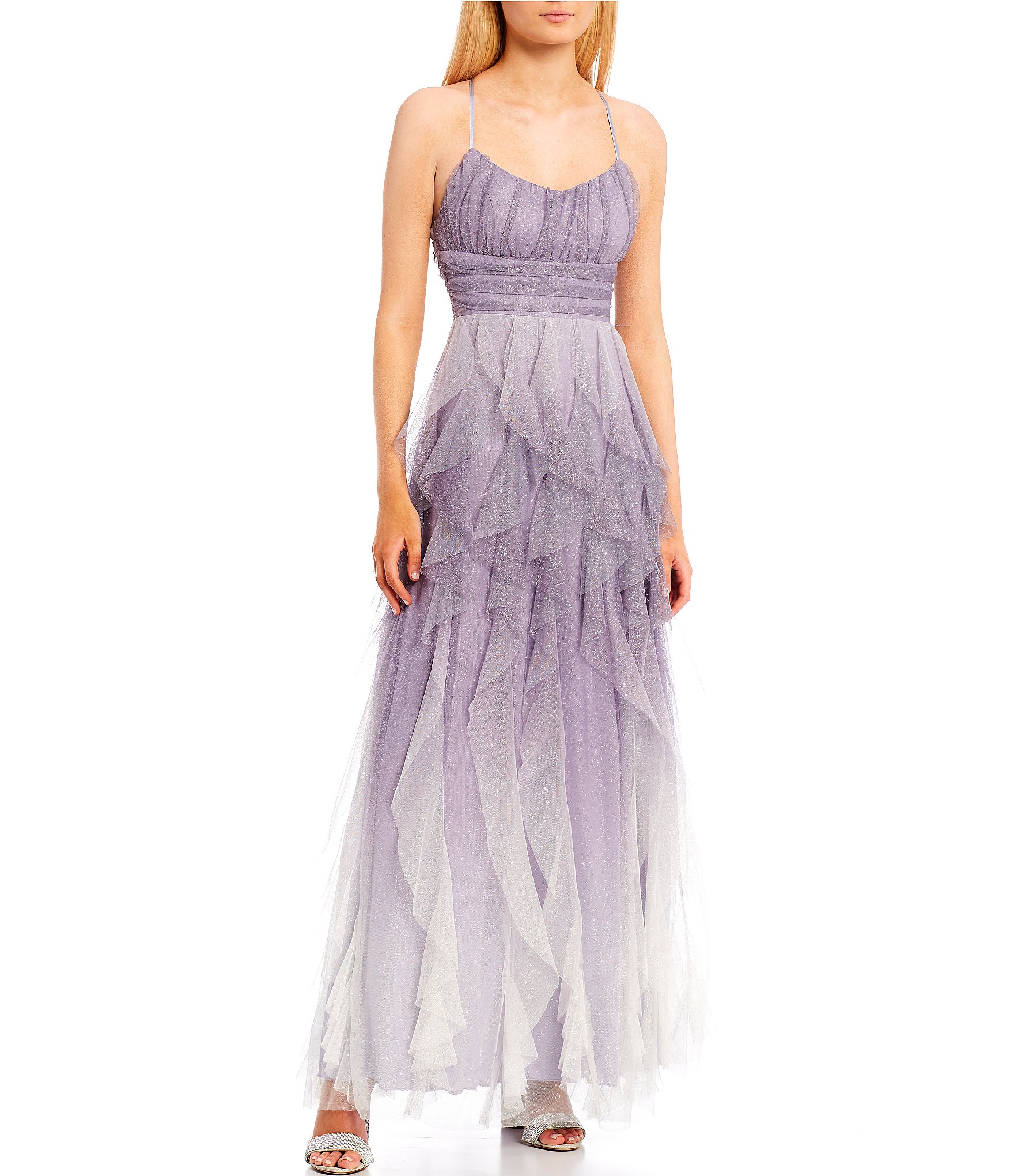 Pear Culture Glitter Ombre Corkscrew Tulle Long Dress | Dillard's