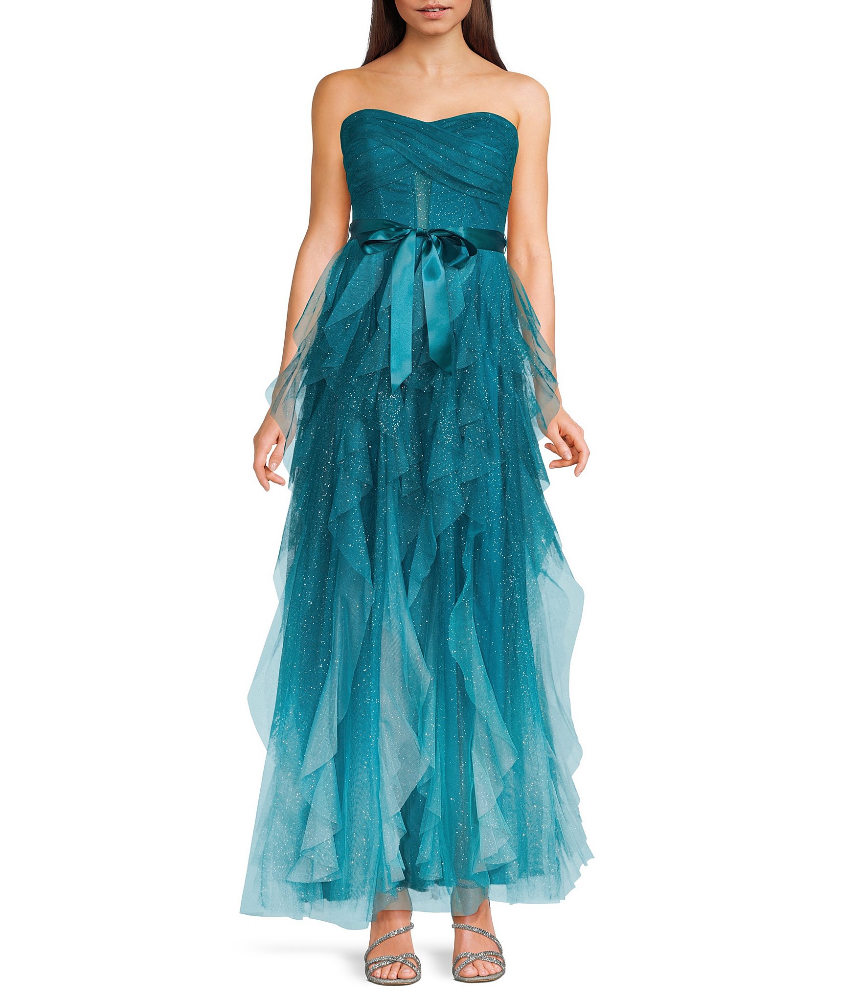 Pear Culture Ombre Glitter Mesh Strapless Illusion Corseted Tie Front Ruffled Maxi Dress