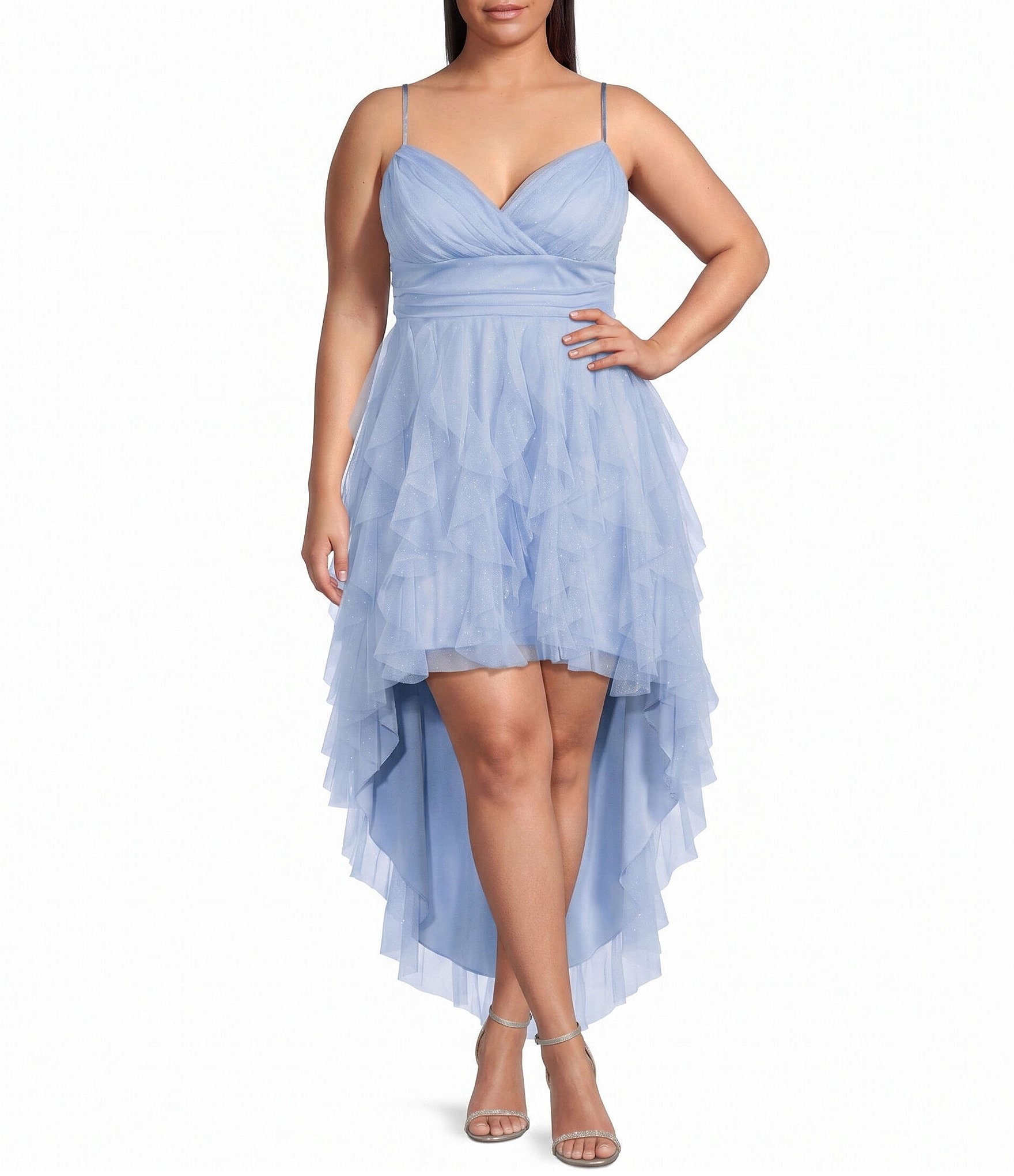 Pear Culture Plus Size Mesh V-Neck High-Low Corkscrew Ruffle Dress
