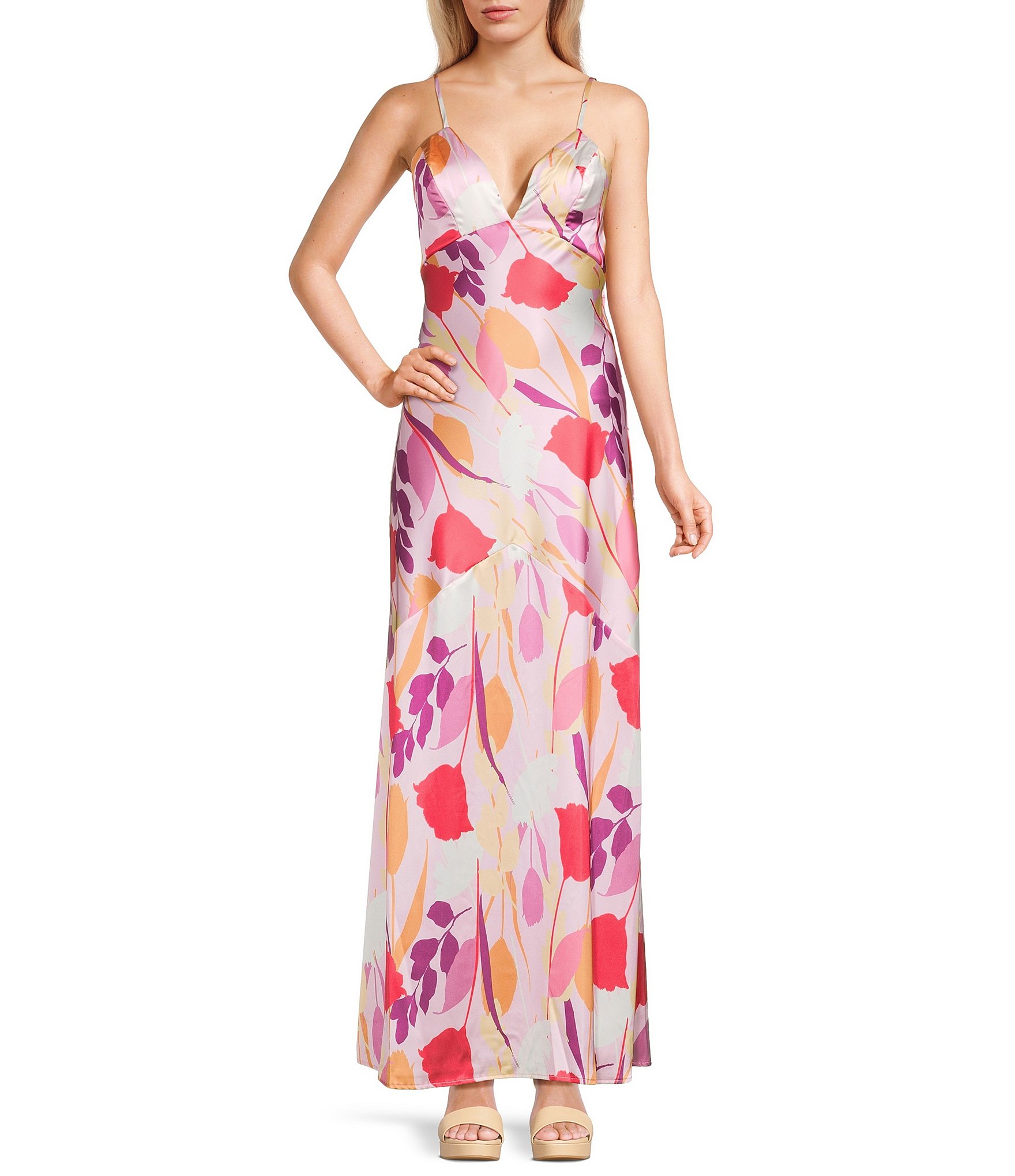 Pear Culture Satin Floral Printed V-Neck Open Back Dress