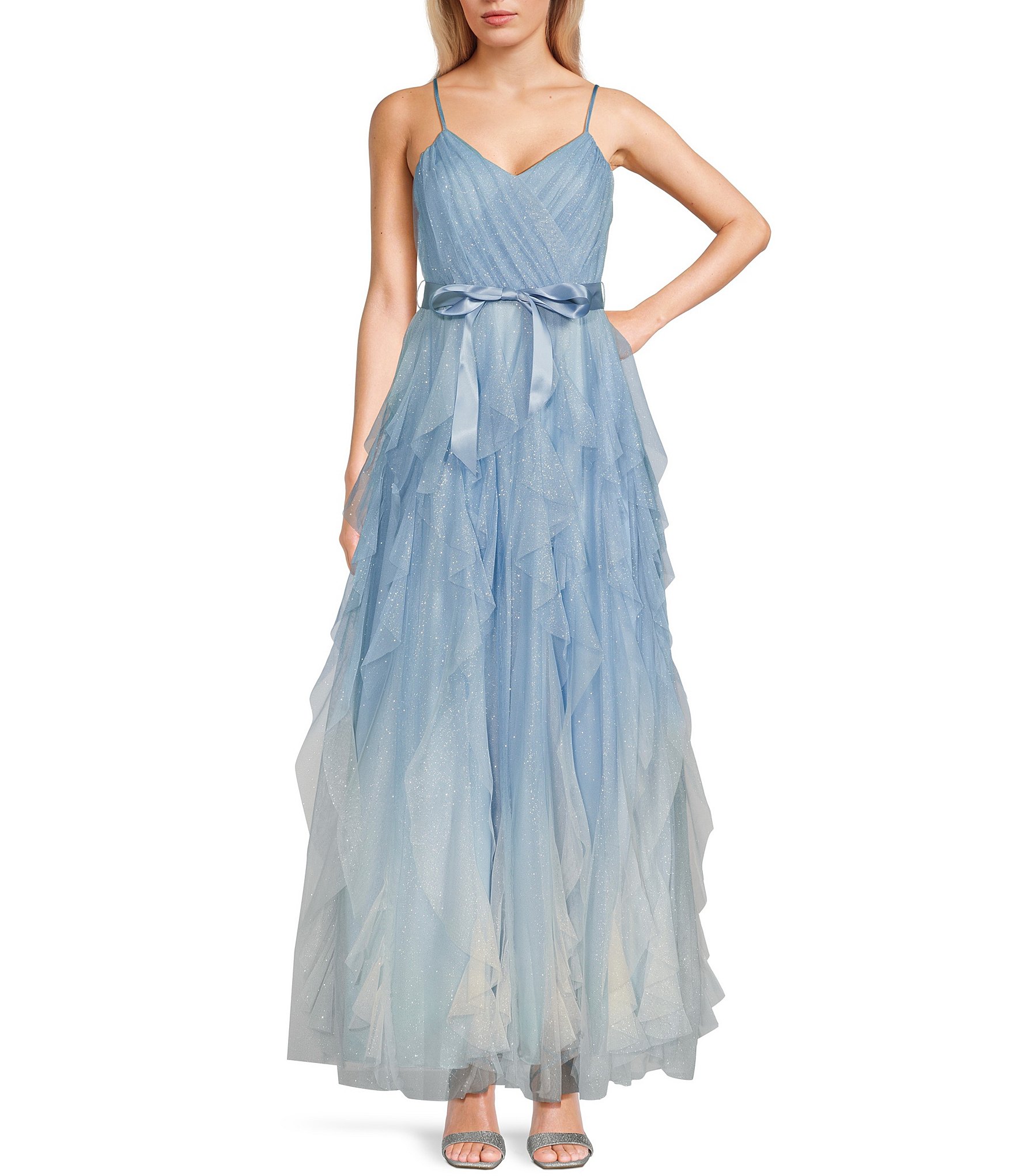 B. Darlin Sleeveless Scoop Neckline Pleated Ruffled Trim Dress