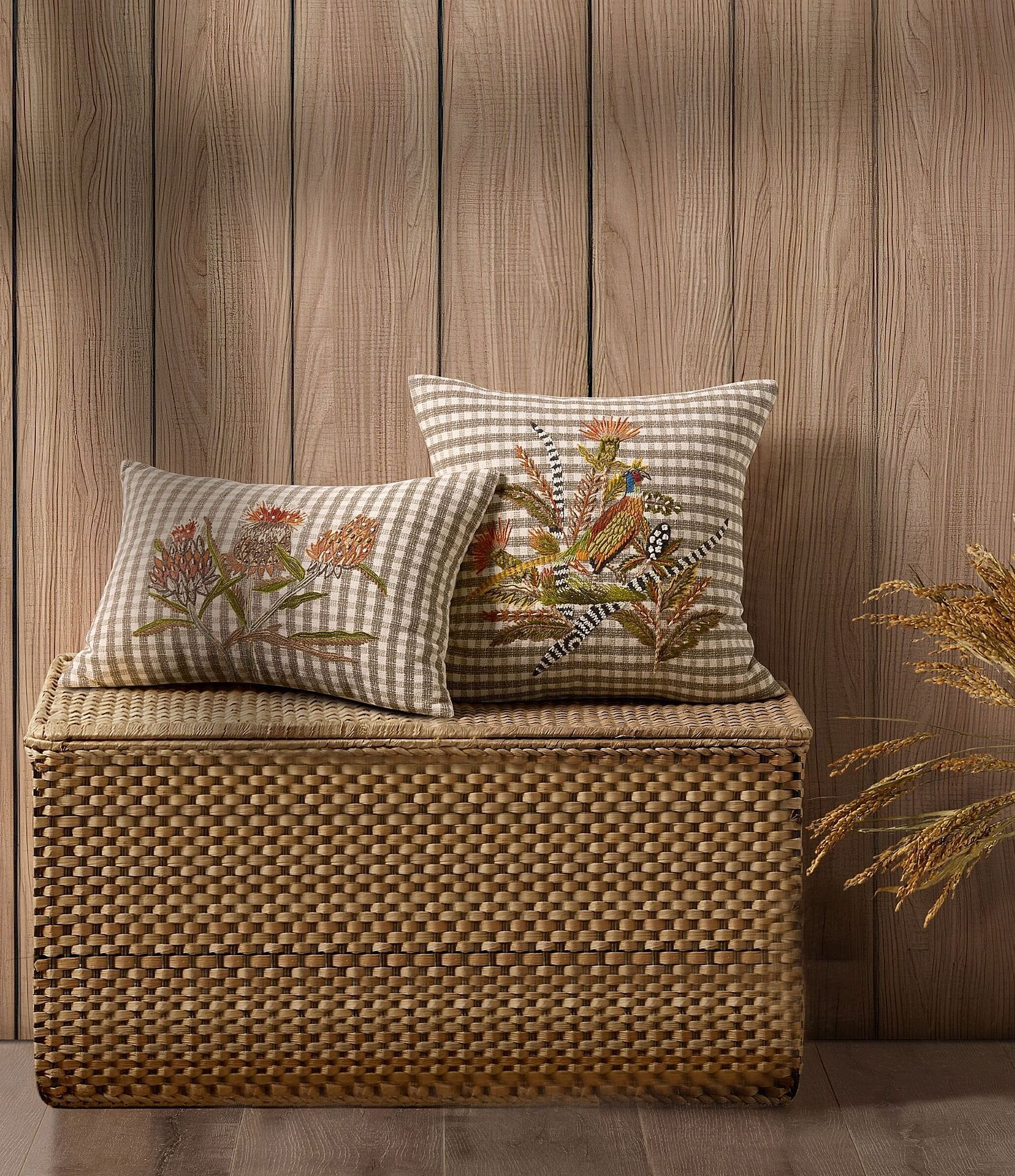 Peking Handicraft Harvest Pheasant Plaid Embroidered Square Pillow