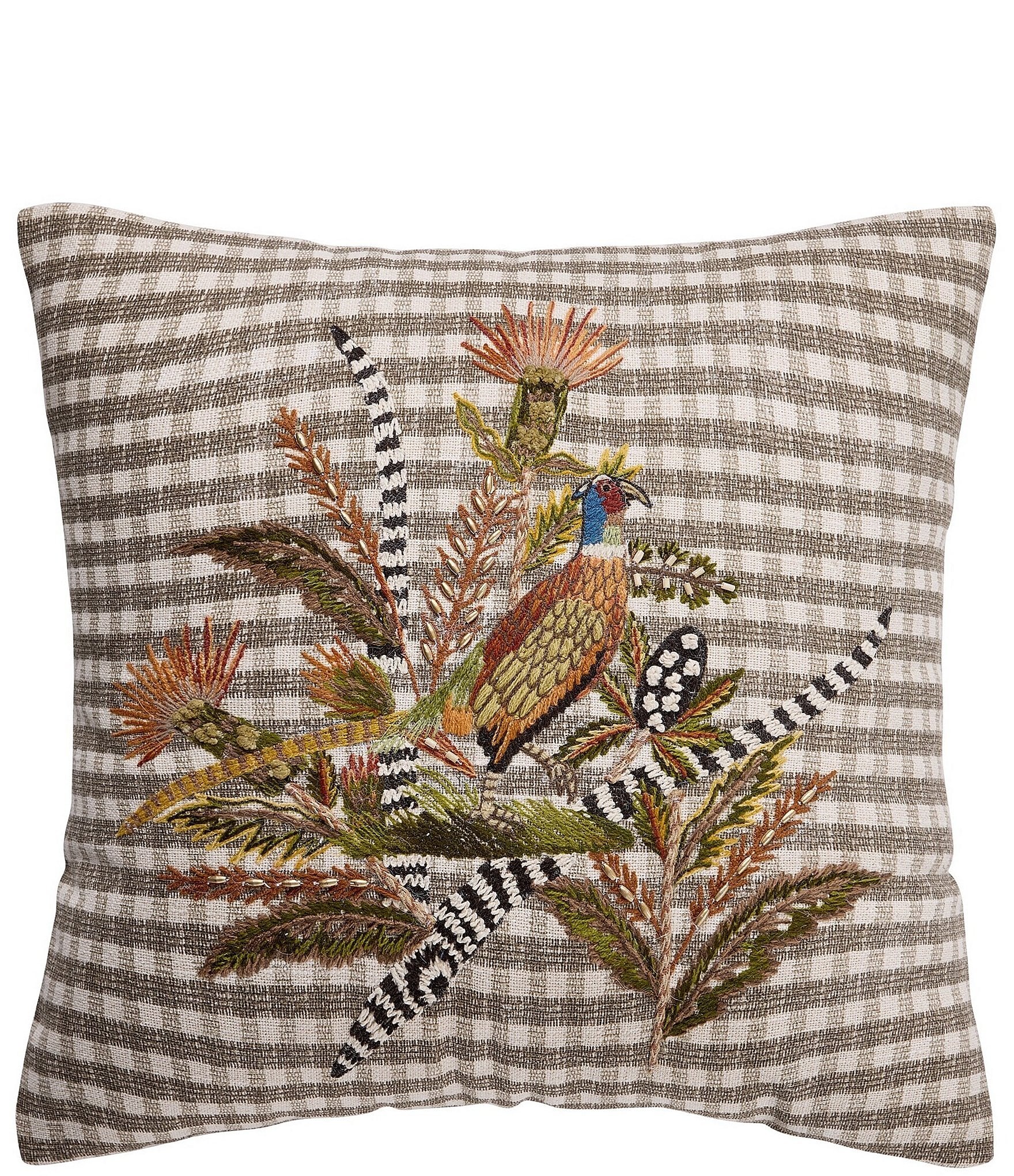 Peking Handicraft Harvest Pheasant Plaid Embroidered Square Pillow