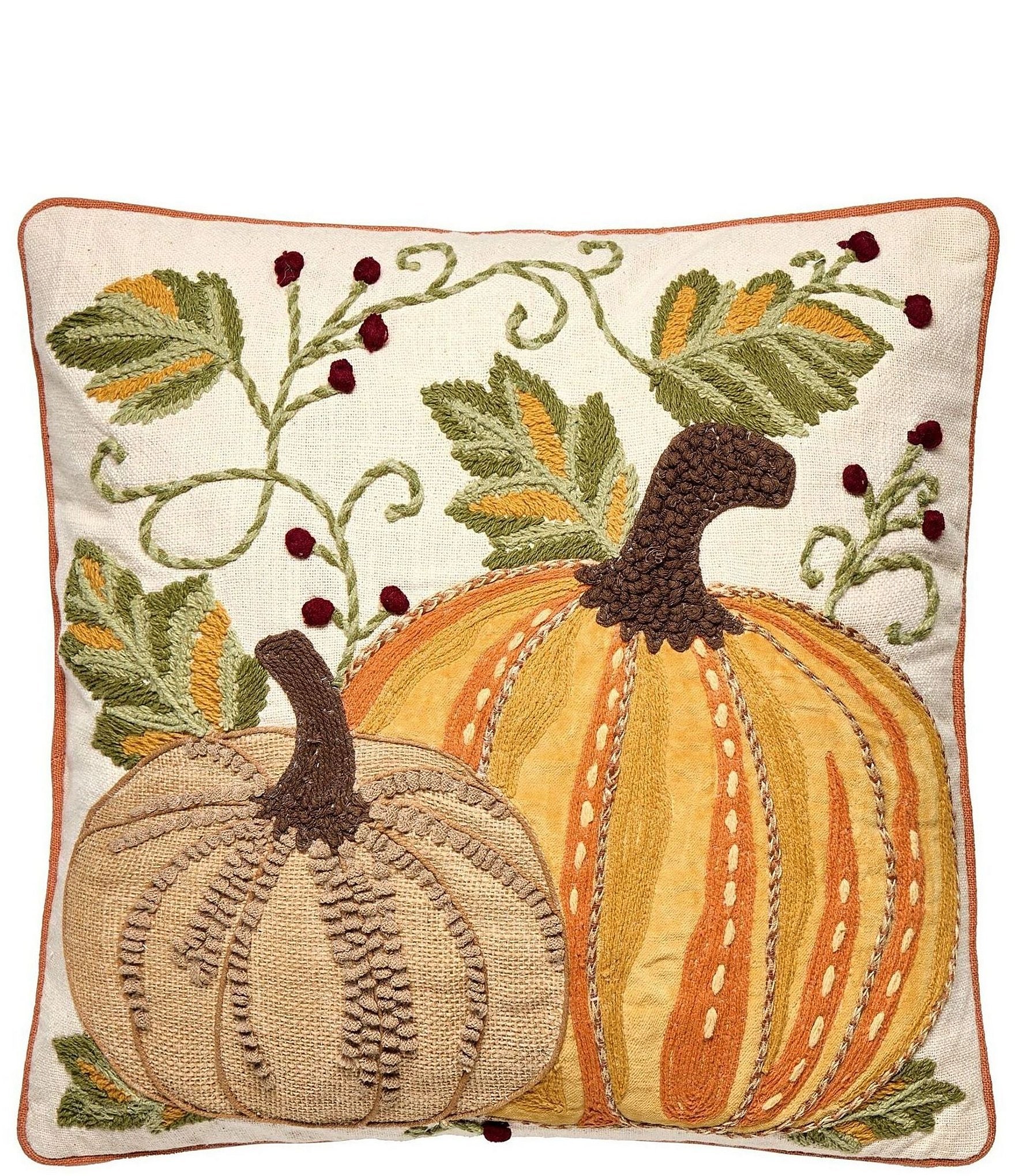 Peking Handicraft Harvest Pumpkin Duo Embroidered Square Pillow