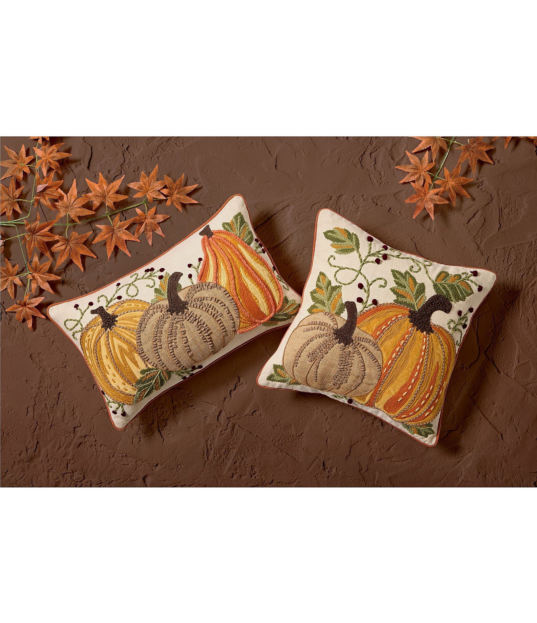 Peking Handicraft Harvest Pumpkin Duo Embroidered Square Pillow