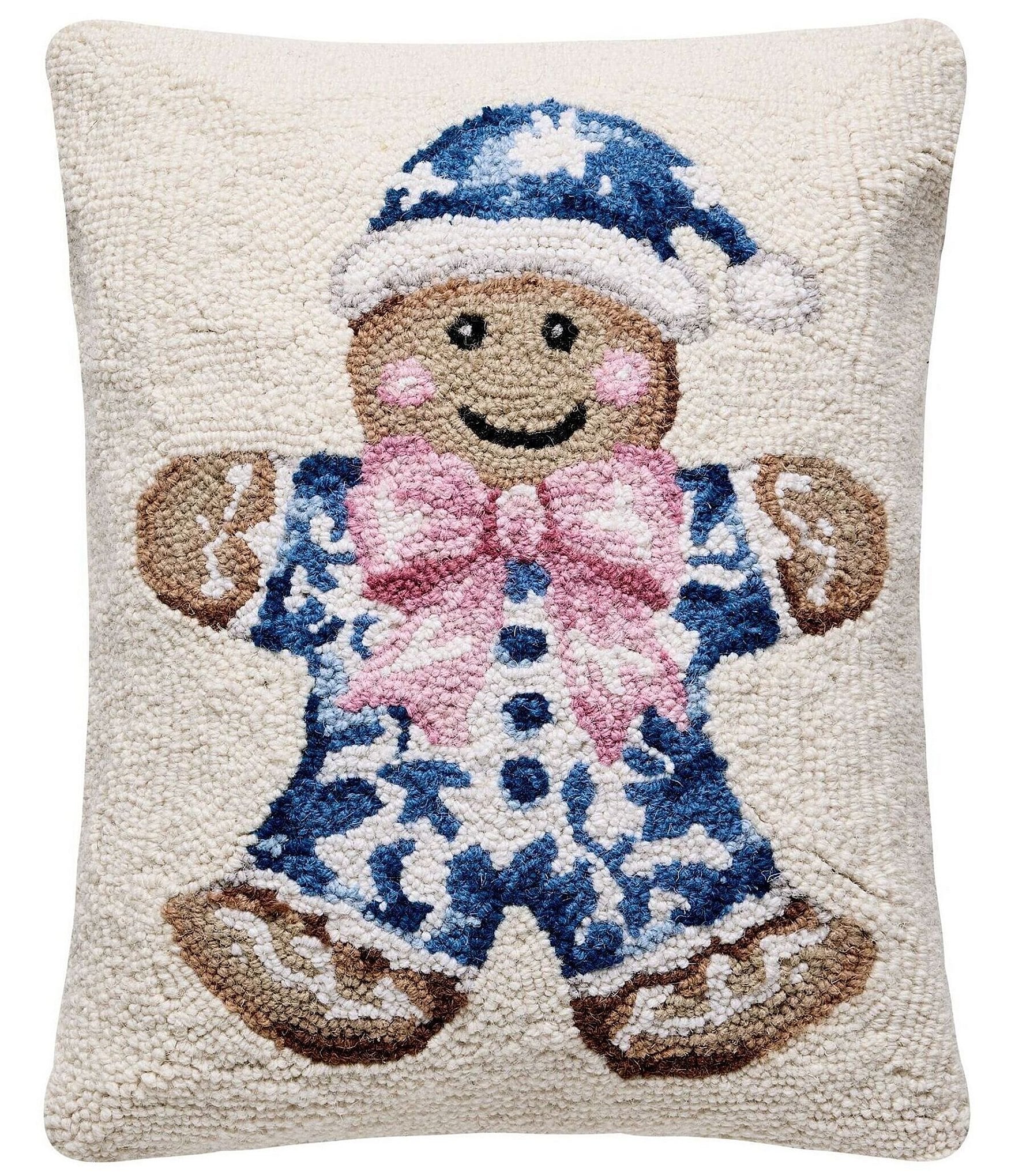 Peking Handicraft Holiday Collection Blue Chinoiserie Gingerbread Wool Hook Pillow