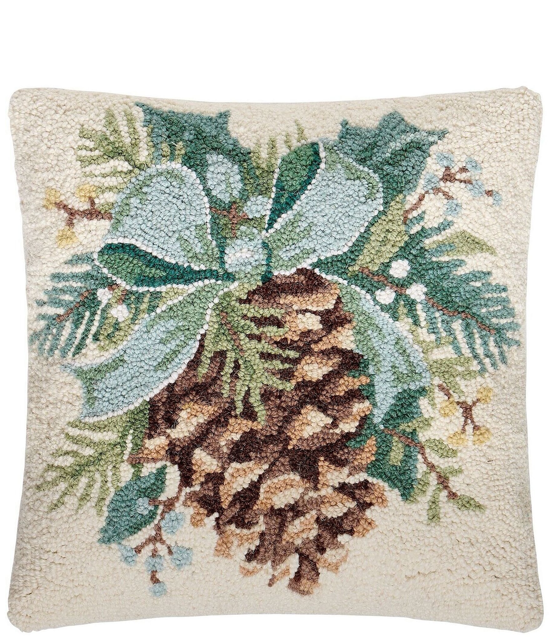 Peking Handicraft Holiday Collection Pinecone Bow Wool Hook Pillow