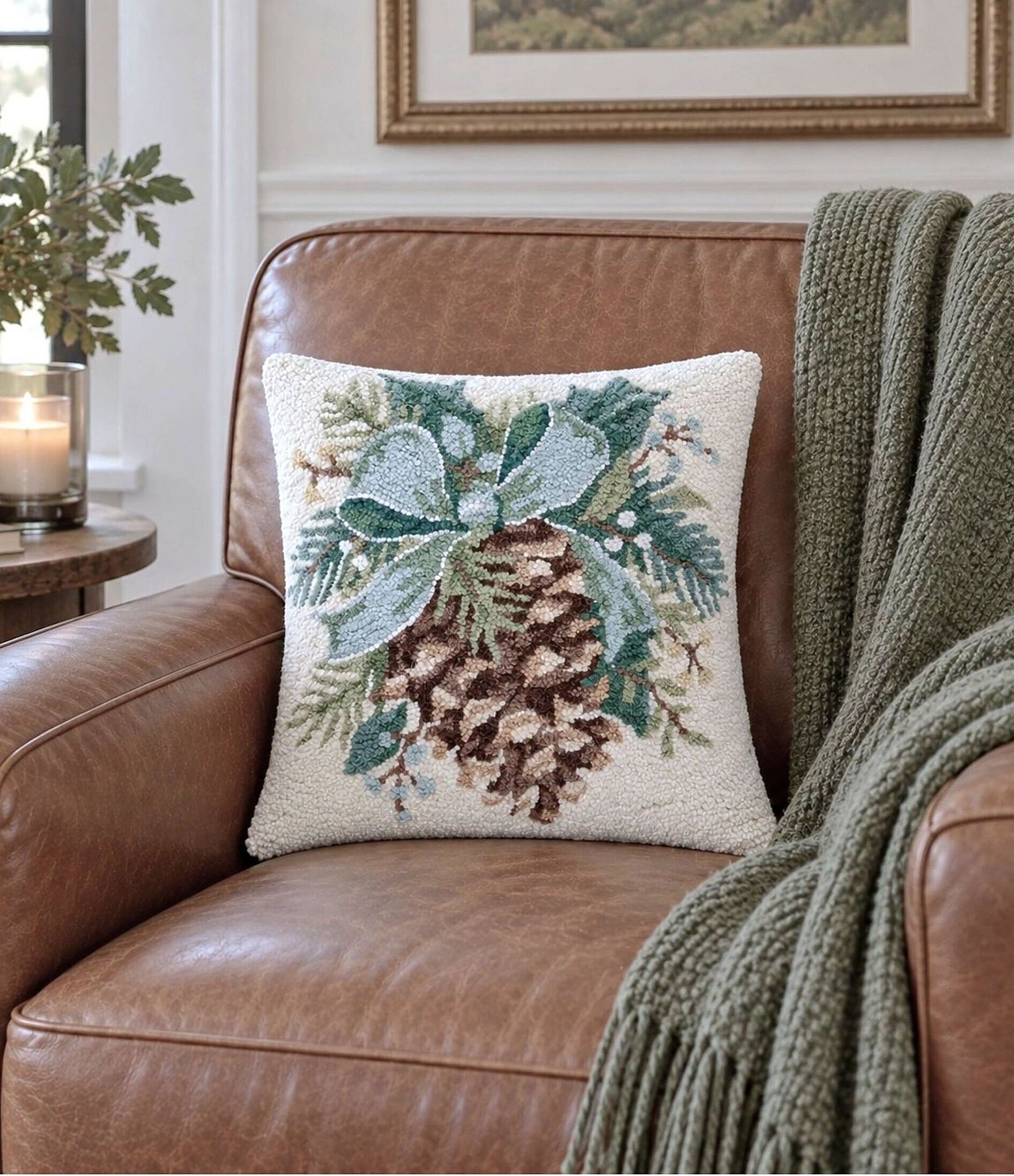 Peking Handicraft Holiday Collection Pinecone Bow Wool Hook Pillow