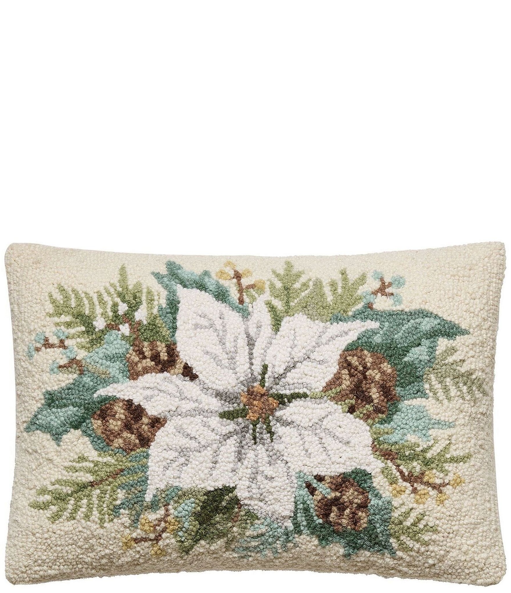 Peking Handicraft Holiday Collection White Poinsettia Wool Hook Pillow