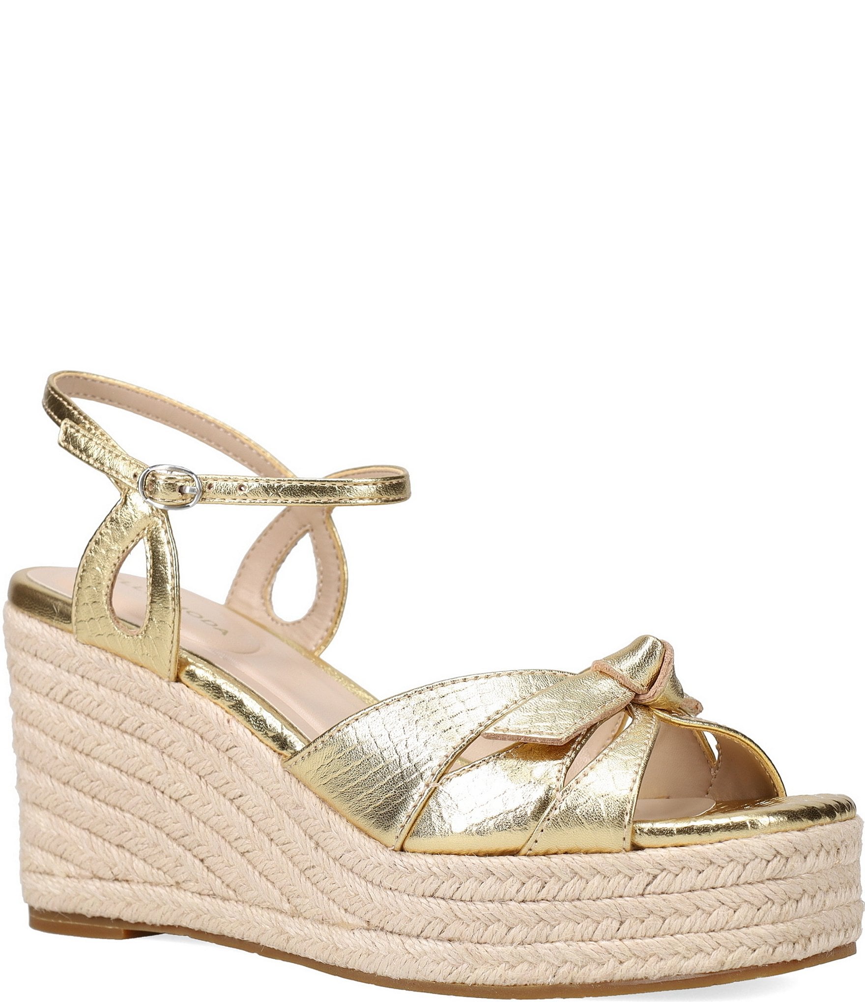 Pelle Moda Elbie Snake Embossed Metallic Leather Bow Platform Espadrille Wedge Sandals