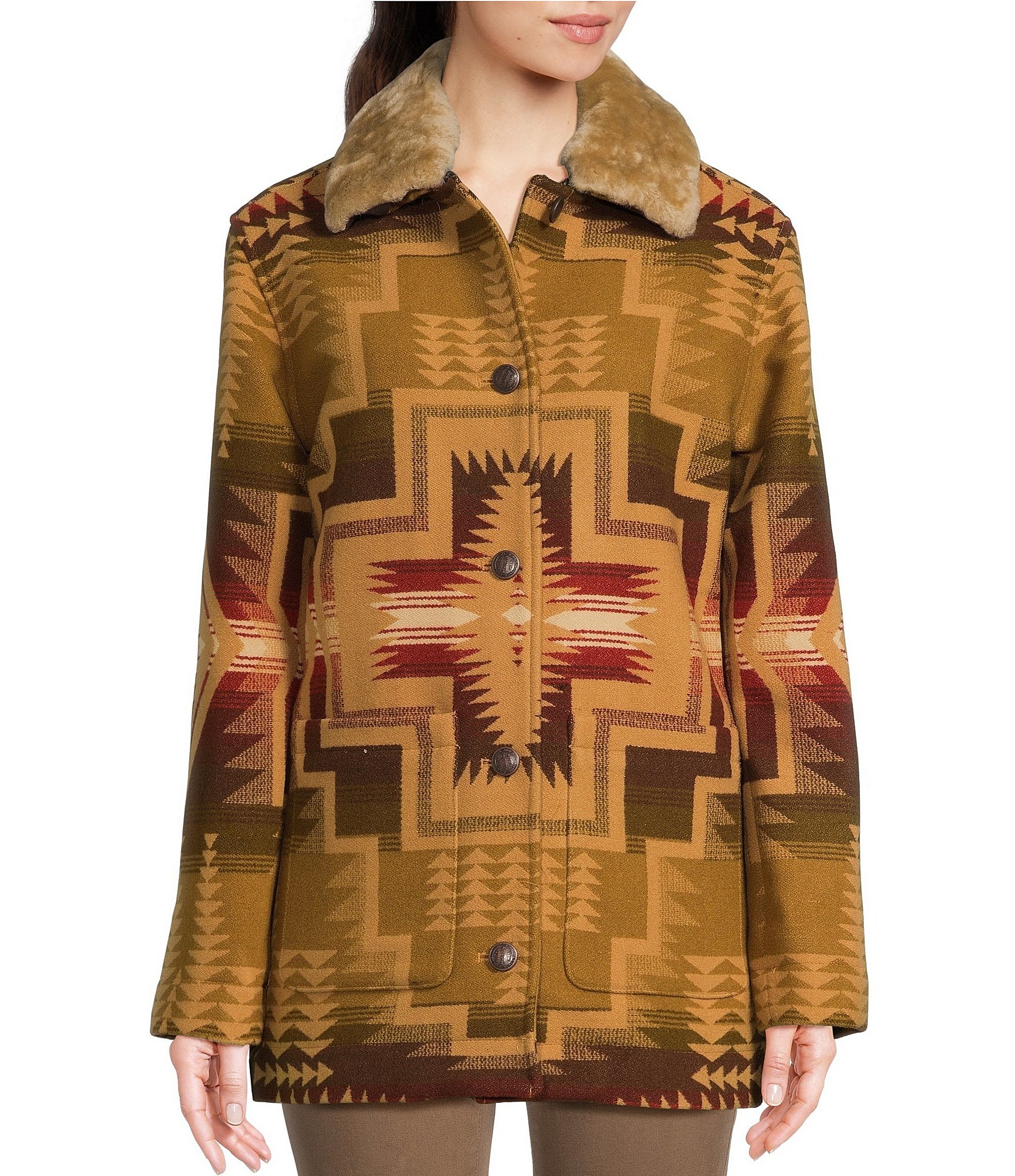 Pendleton Brownsville Wool Jacquard Geometric Shearling Collar Long Sleeve  Patch Pocket Coat | Dillard's