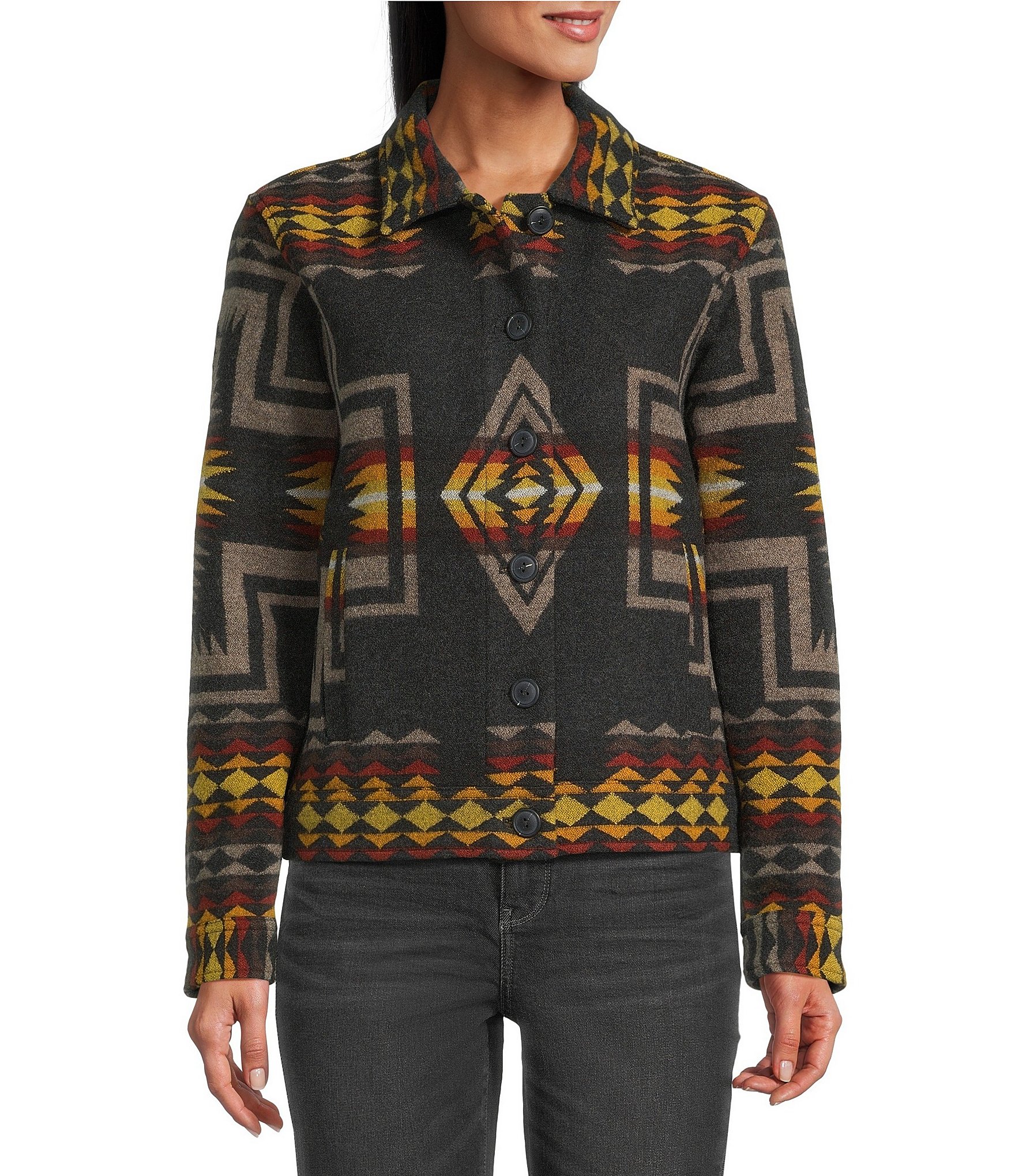 Pendleton Willa Wool Jacquard Fold-Down Collar Long Sleeve Jacket