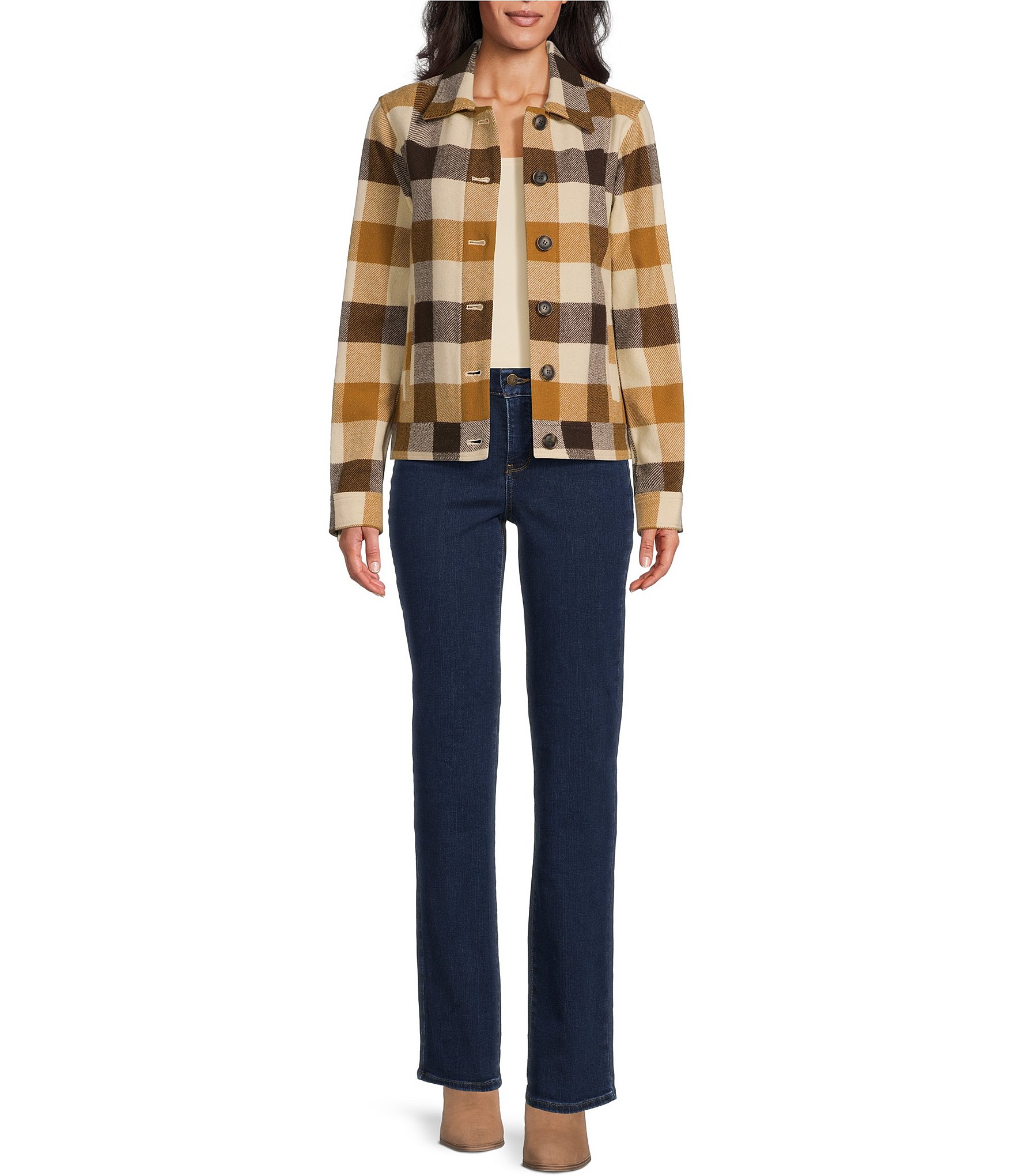 Pendleton Woven Check Pattern Point Collar Long Sleeve Fringe Detail