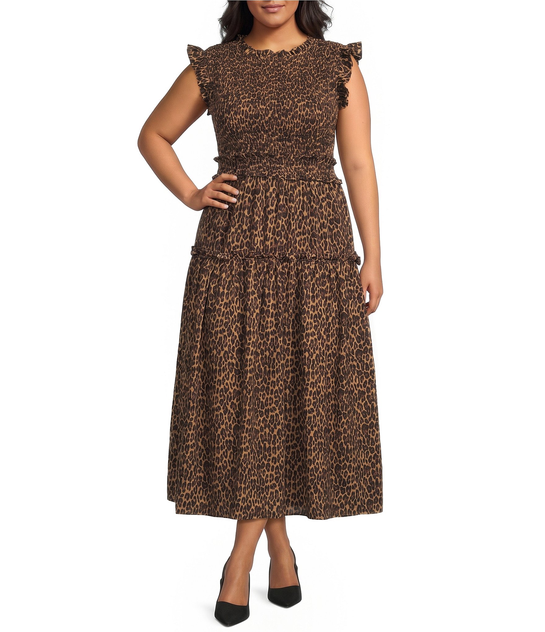 Perch by Blu Pepper Plus Size Leopard Printed Smocked Round Neck Sleeveless Tiered Midi Dress