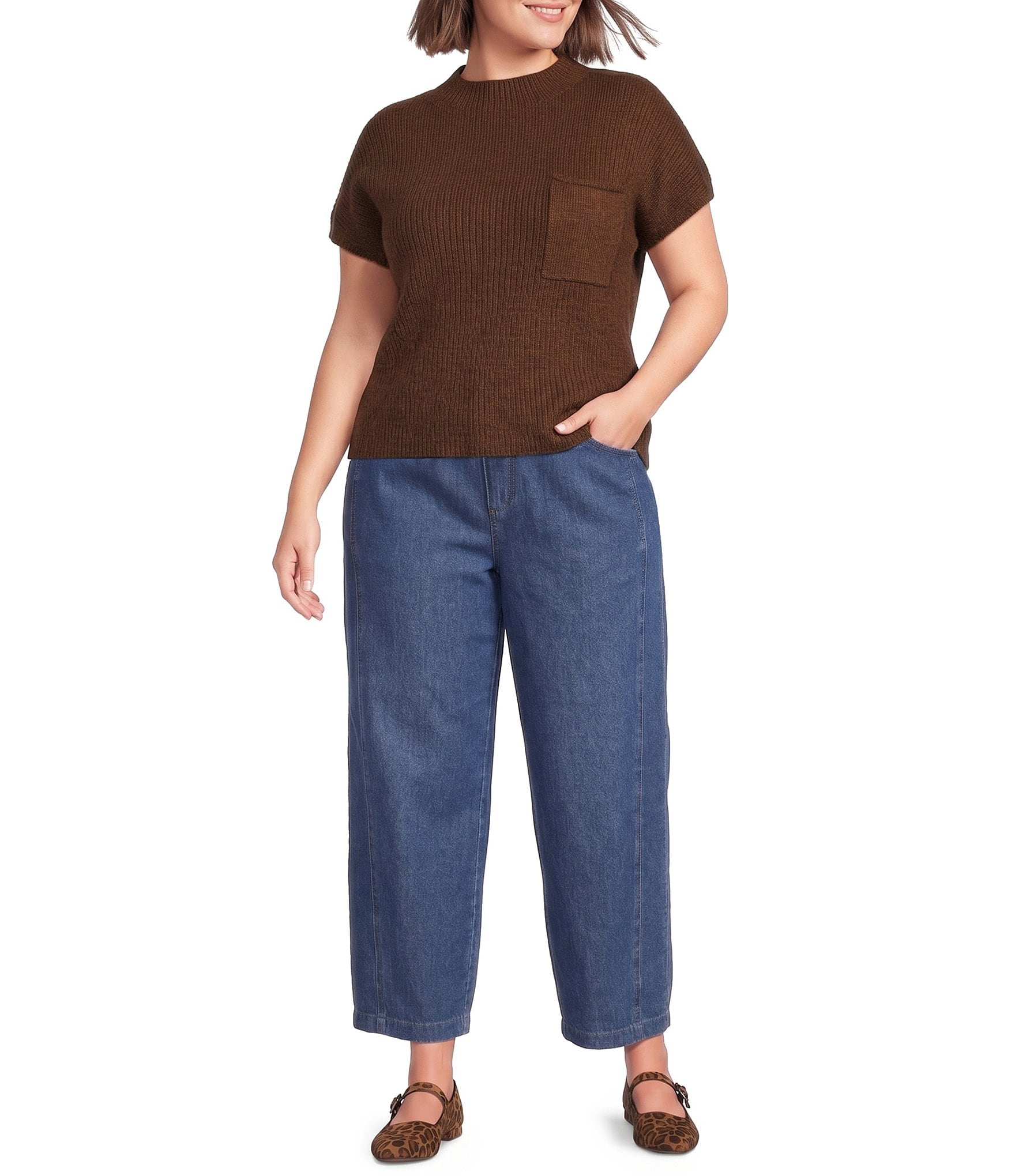 Perch by Blu Pepper Plus Size Mock Neck Short Sleeve Knit Sweater