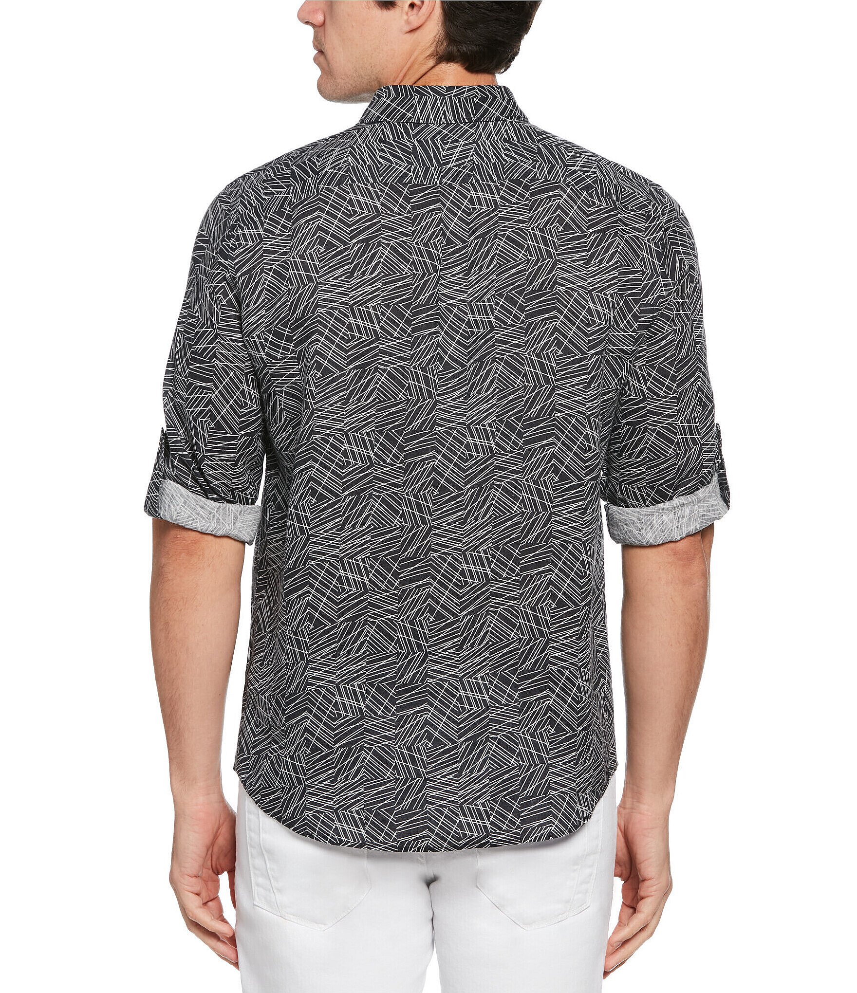 Perry Ellis Diagonal Lines Roll-Sleeve Woven Shirt