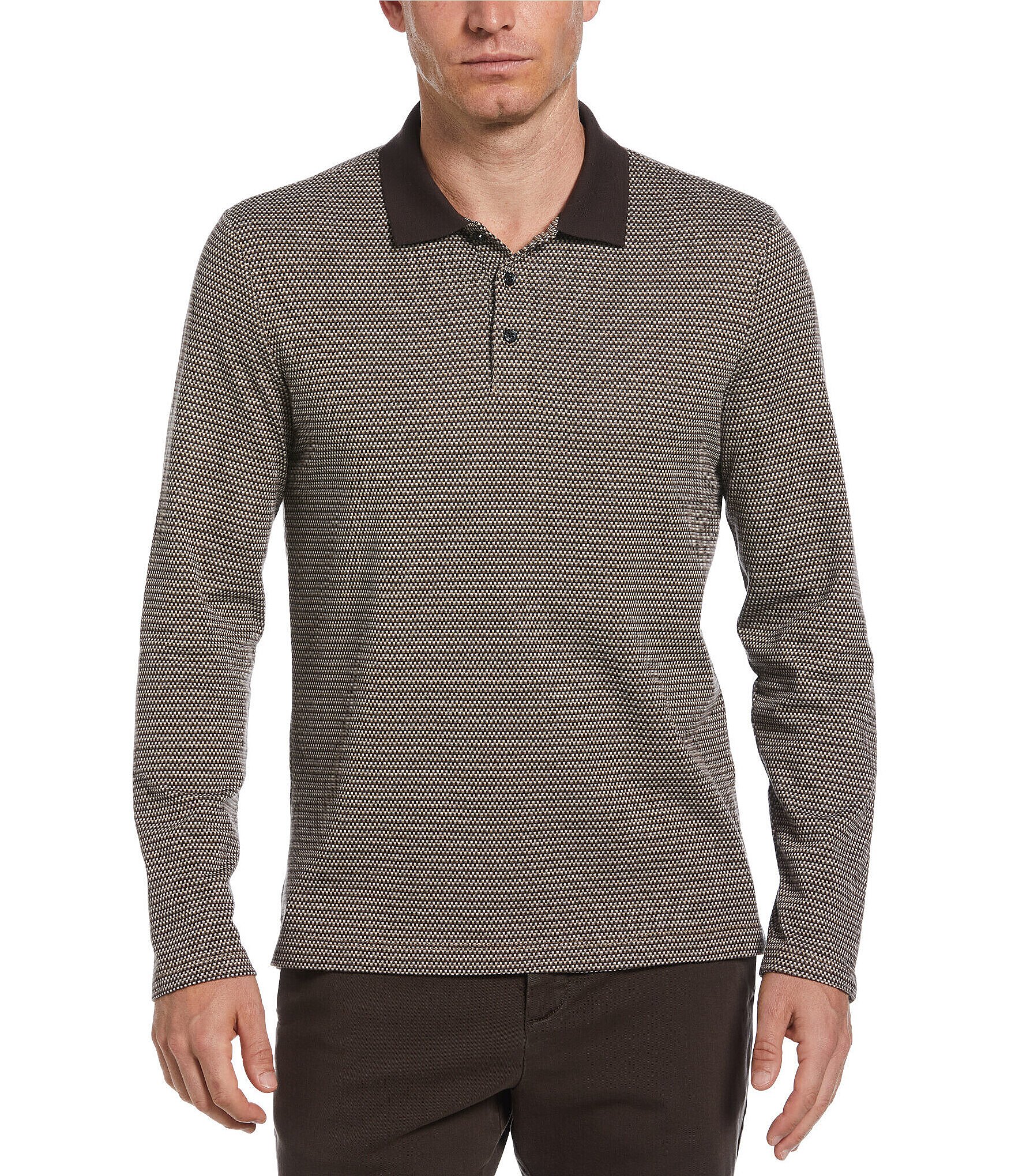 Perry Ellis Geo Print Jacquard Long Sleeve Polo Shirt