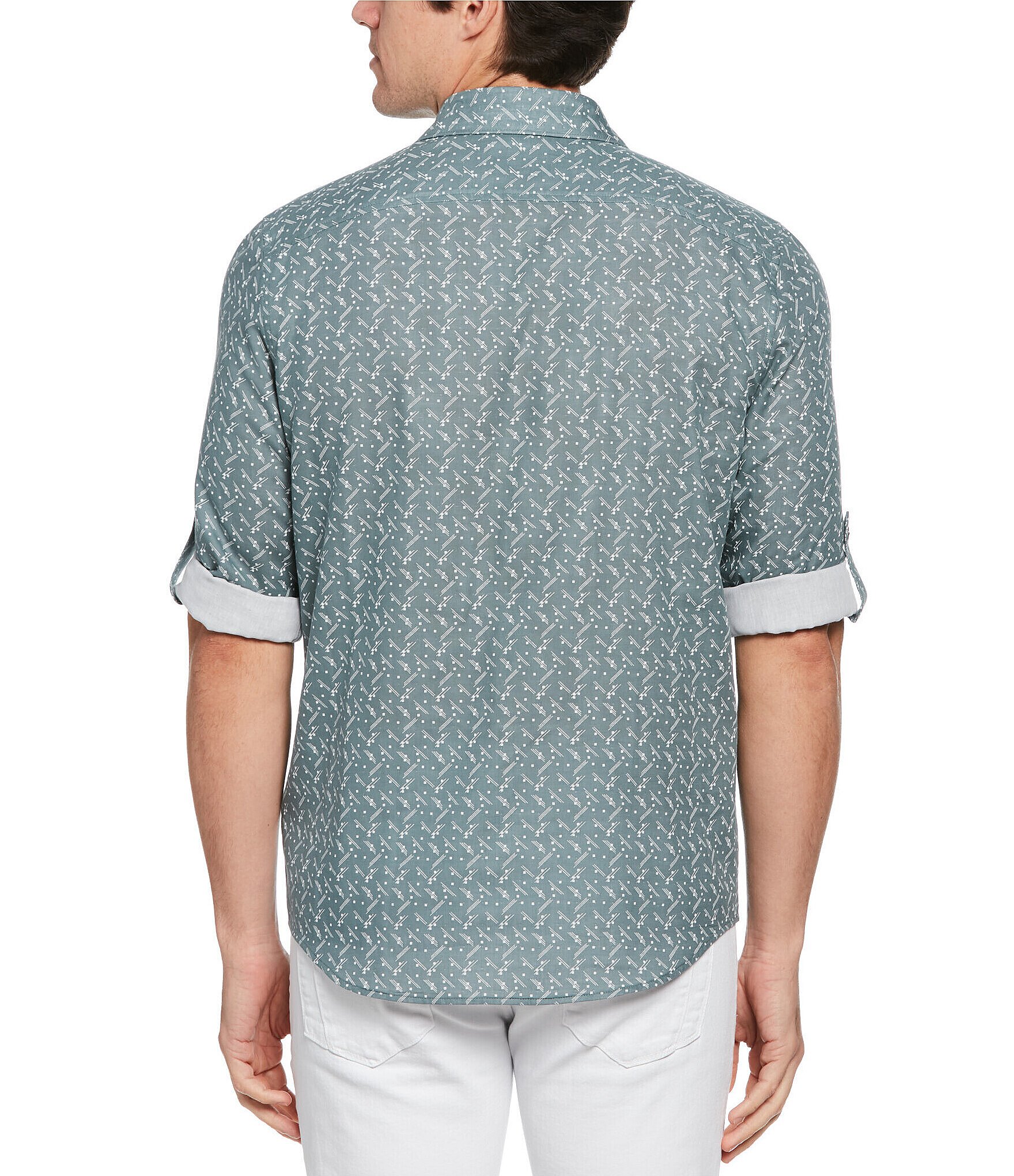 Perry Ellis Geo Print Roll-Sleeve Woven Shirt