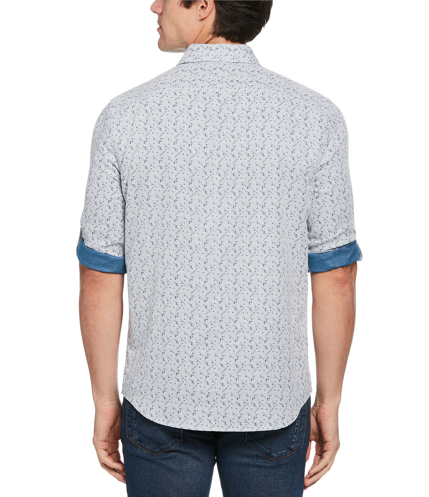 Perry Ellis Geo Print Roll-Sleeve Woven Shirt