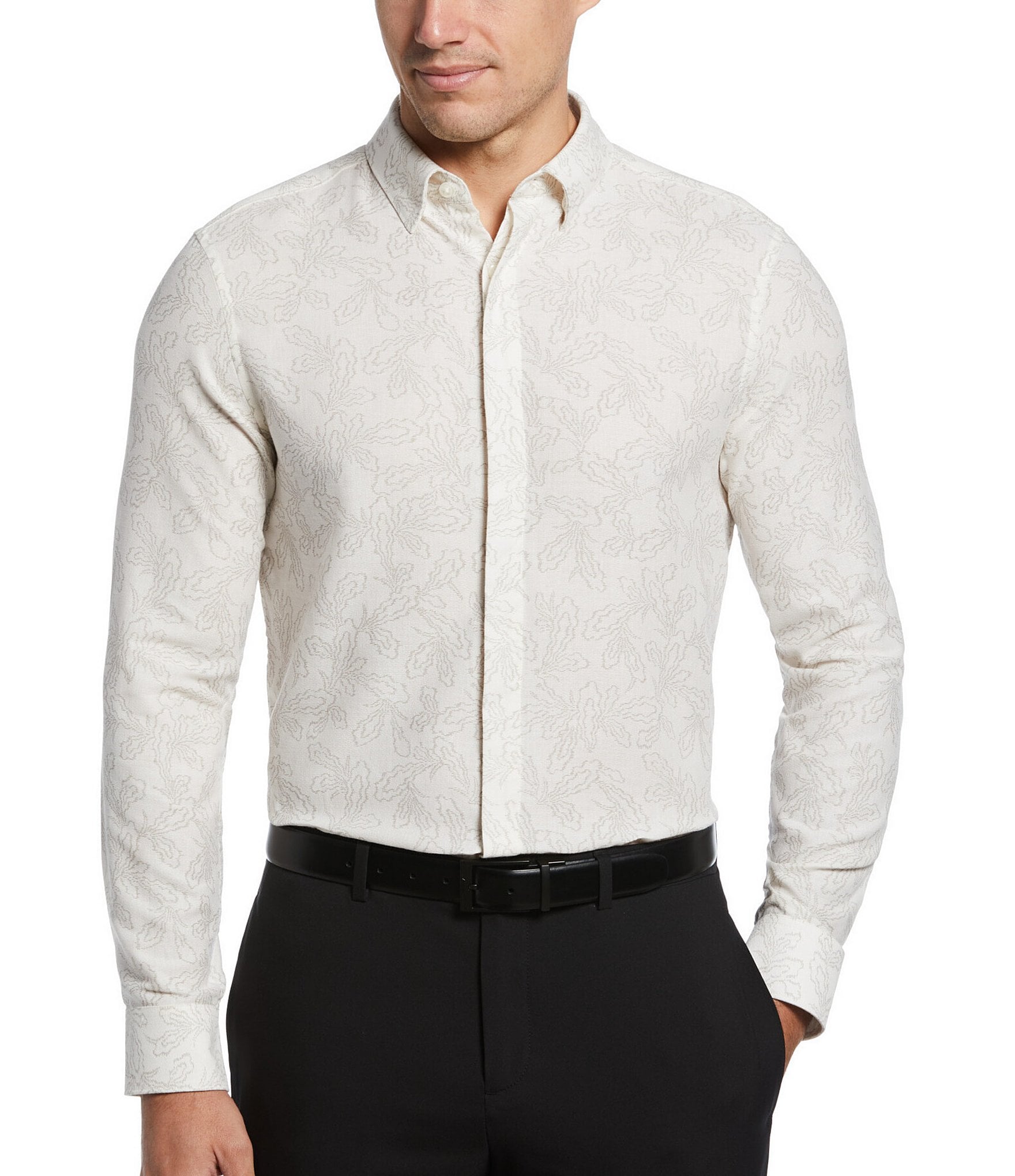 Perry Ellis Jacquard Floral Long Sleeve Woven Shirt | Dillard's
