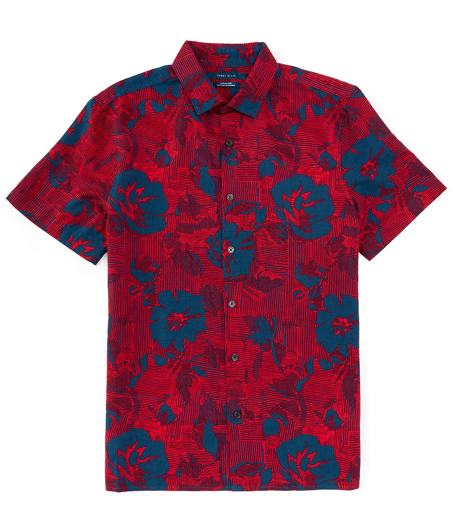 Perry Ellis Linen Blend Floral Print Short Sleeve Woven Shirt | Dillard's